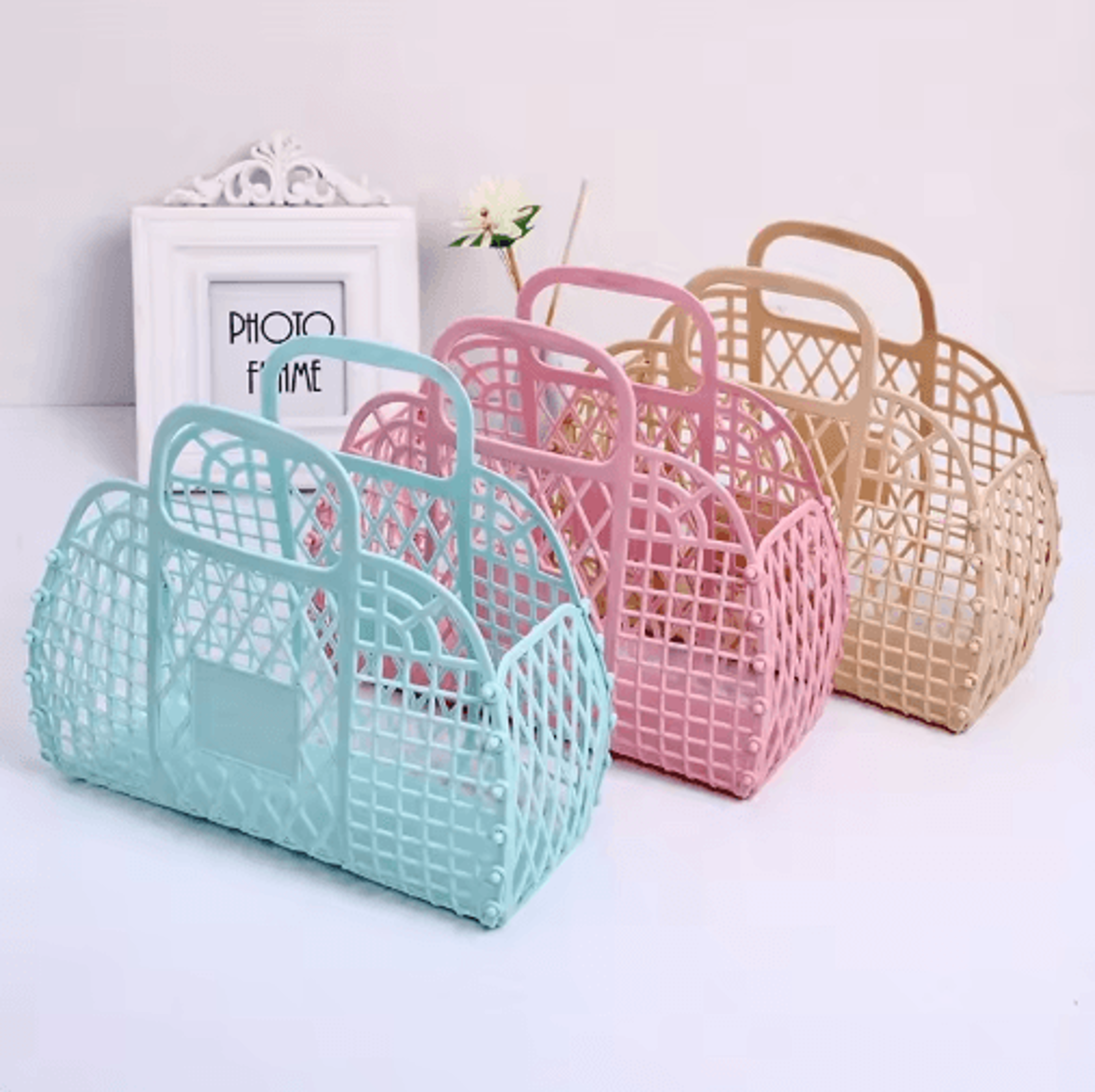 Collapsible Plastic Storage Basket Bag With Dual Handles 5