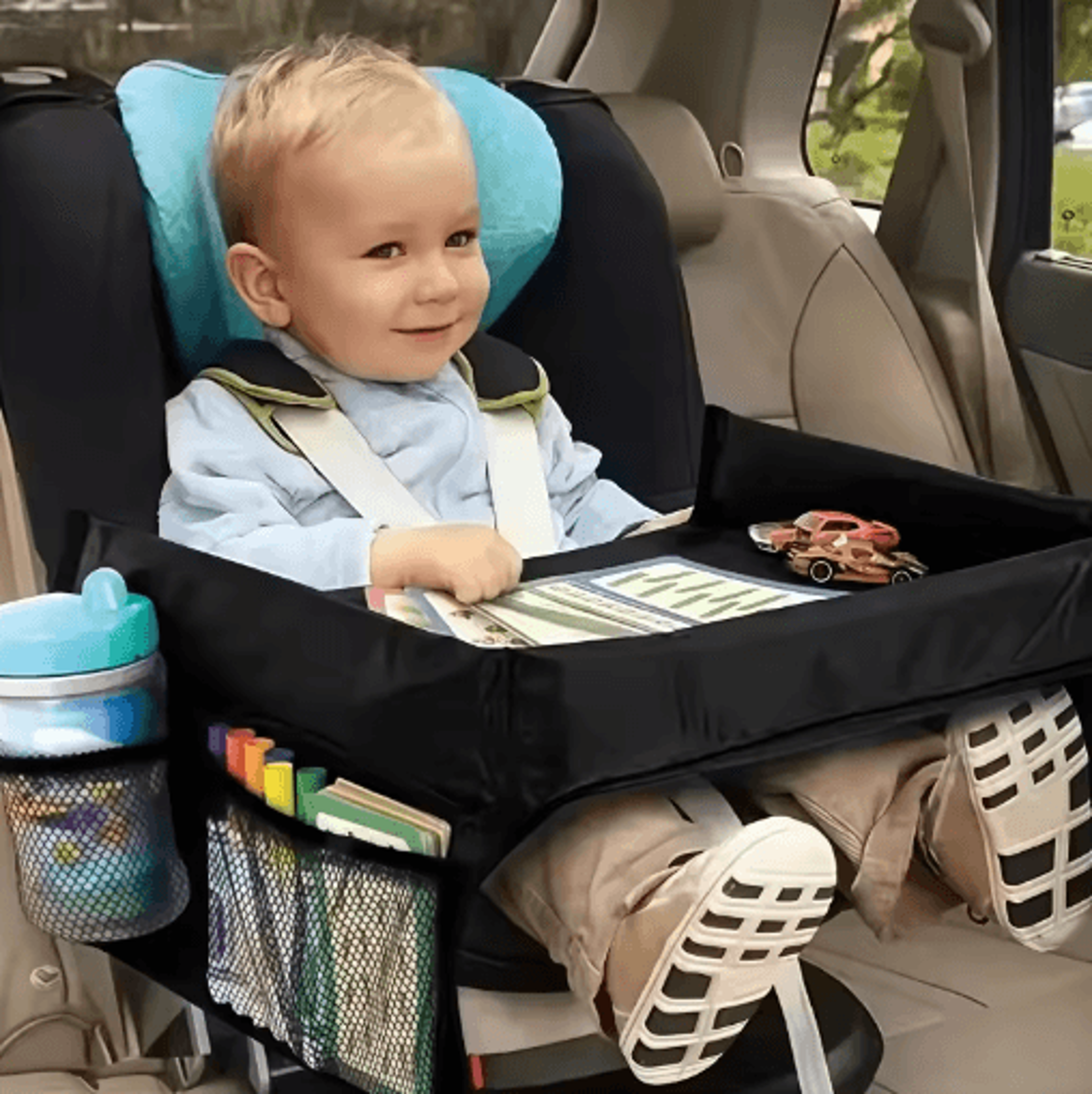 Foldable Expandable Car Seat Travel Tray  Lightweight Backseat Organizer With Storage Pockets 0