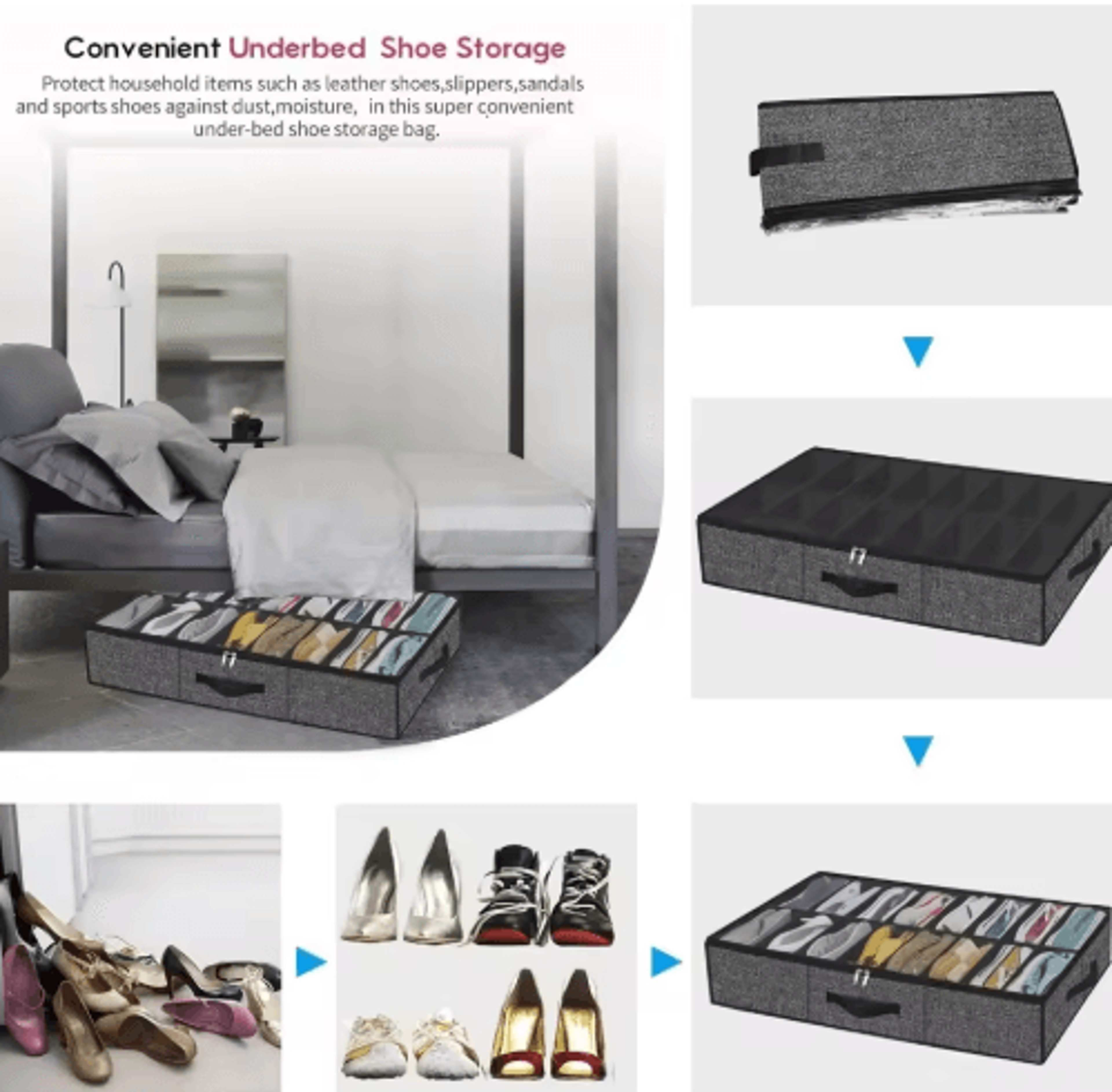 12Pair Under Bed Shoe Organizer  Collapsible Storage Box With Reinforced Handles 6