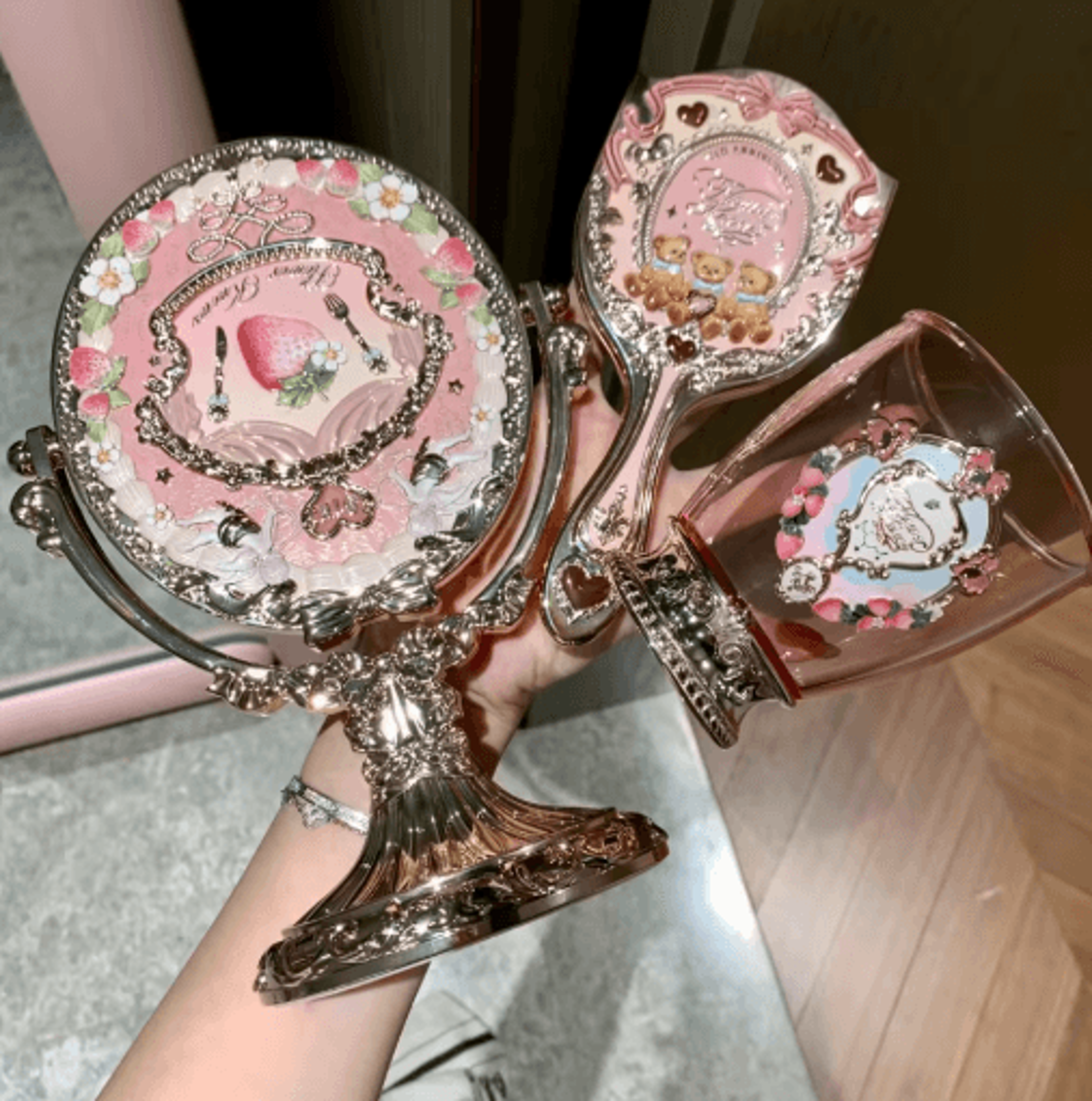 Flower Knows 9th Anniversary Vanity Set  Luxury Mirror Paddle Brush  Holder 11