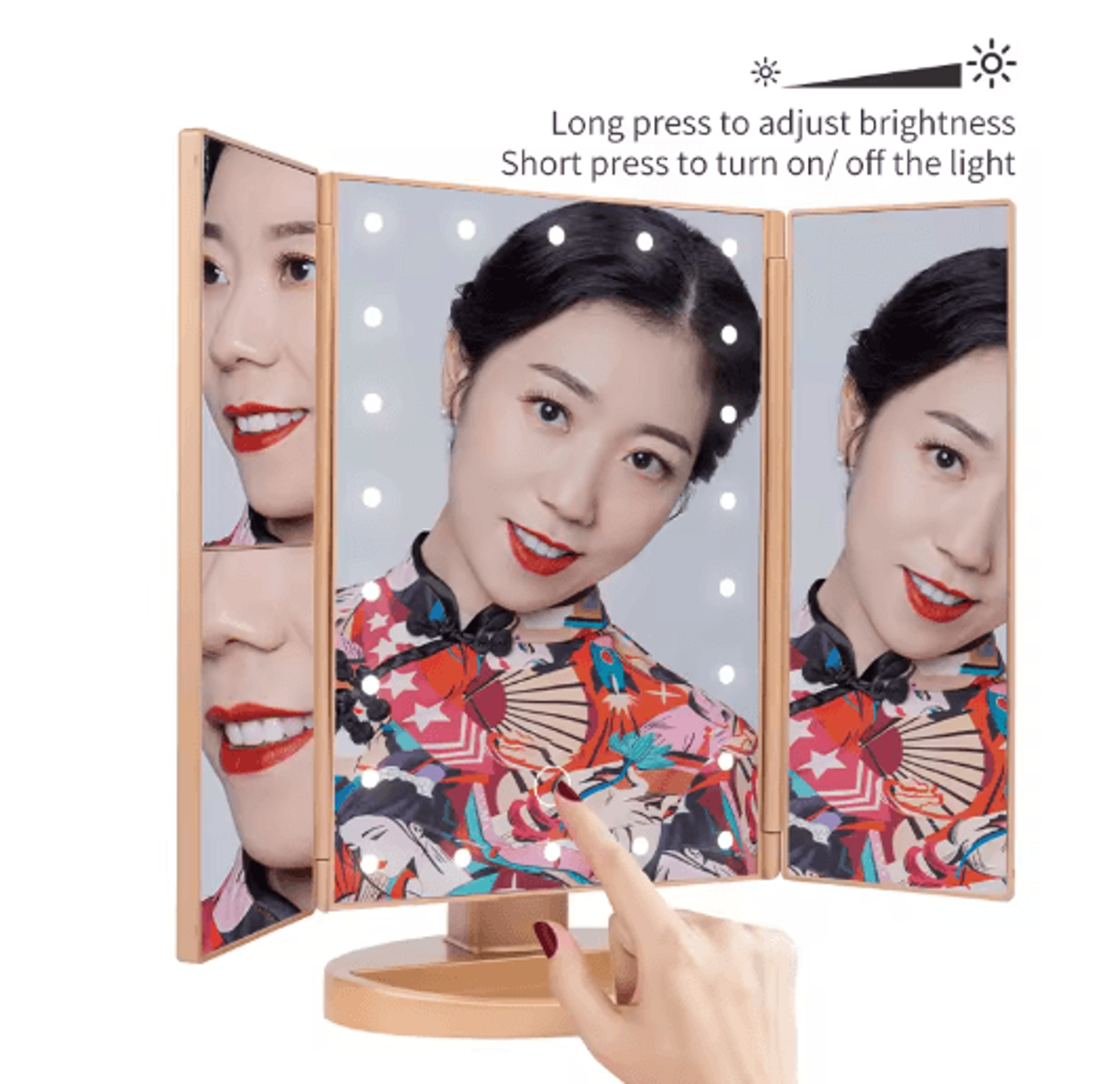 LED Trifold Vanity Makeup Mirror  2X3X Magnification With Touch Control 0