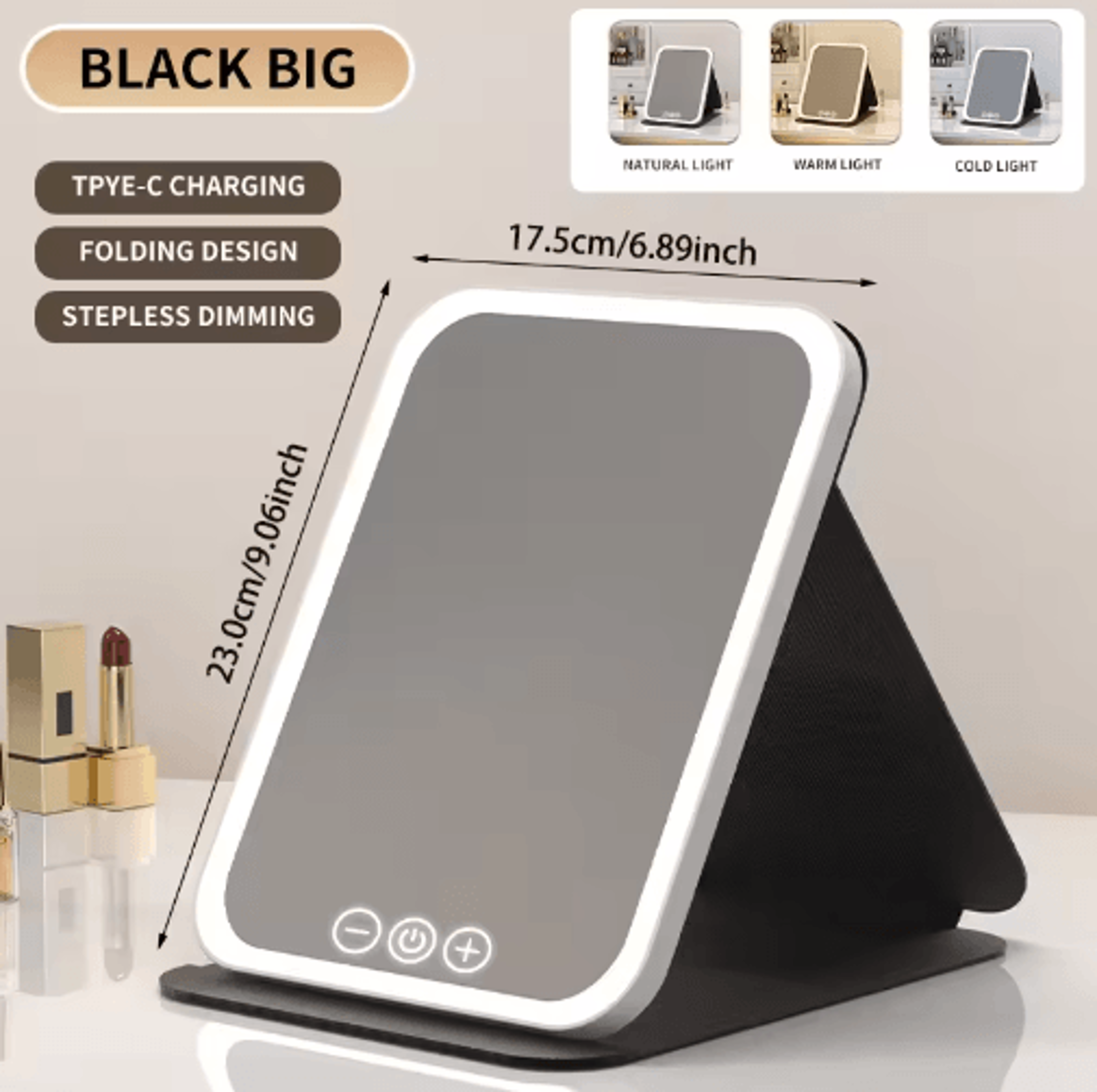 Rechargeable LED Makeup Mirror  3Color Dimmable Foldable Vanity Mirror 5
