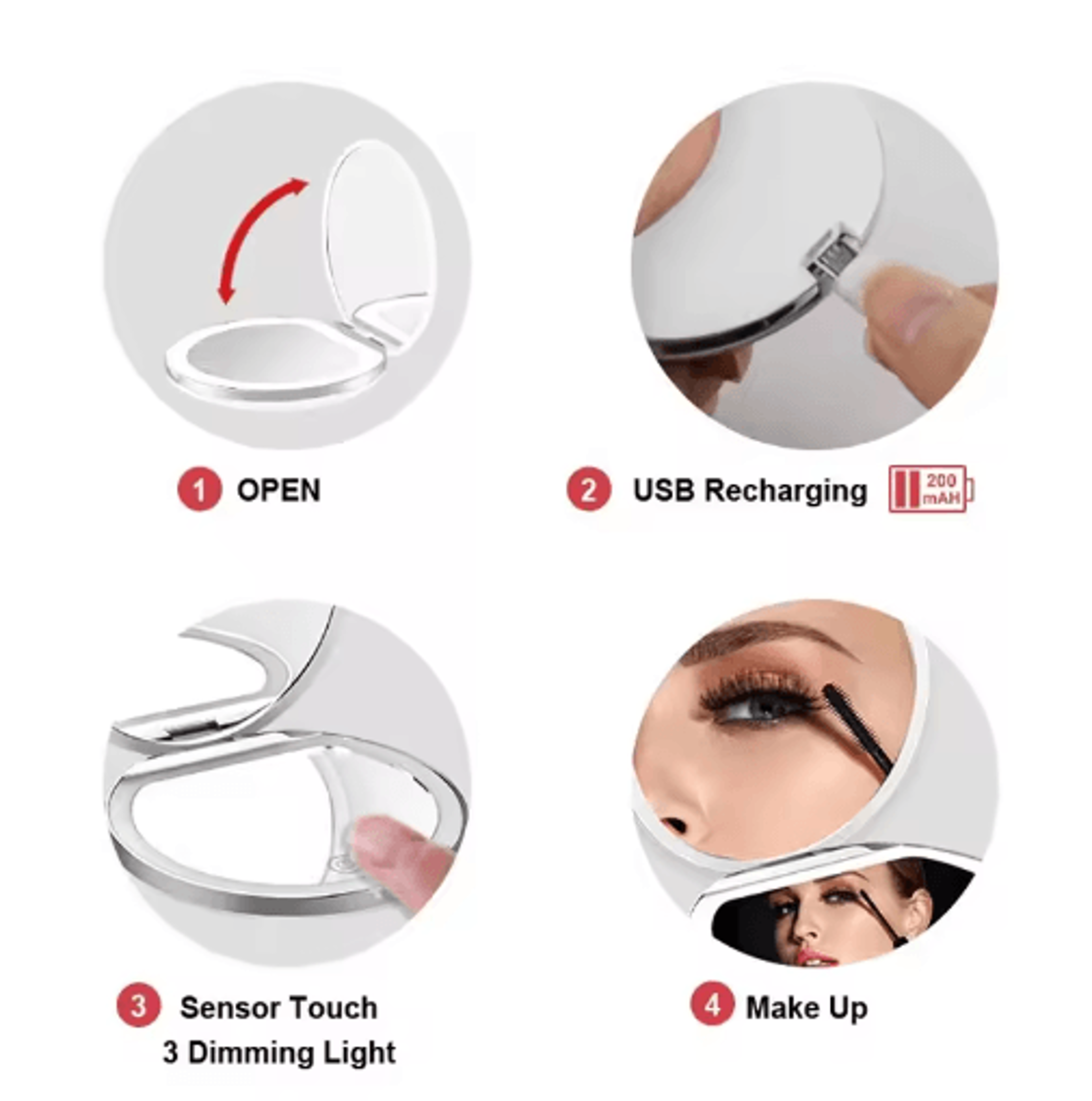 USB Rechargeable LED Pocket Mirror  Smart Touch Foldable Travel Makeup Mirror 3