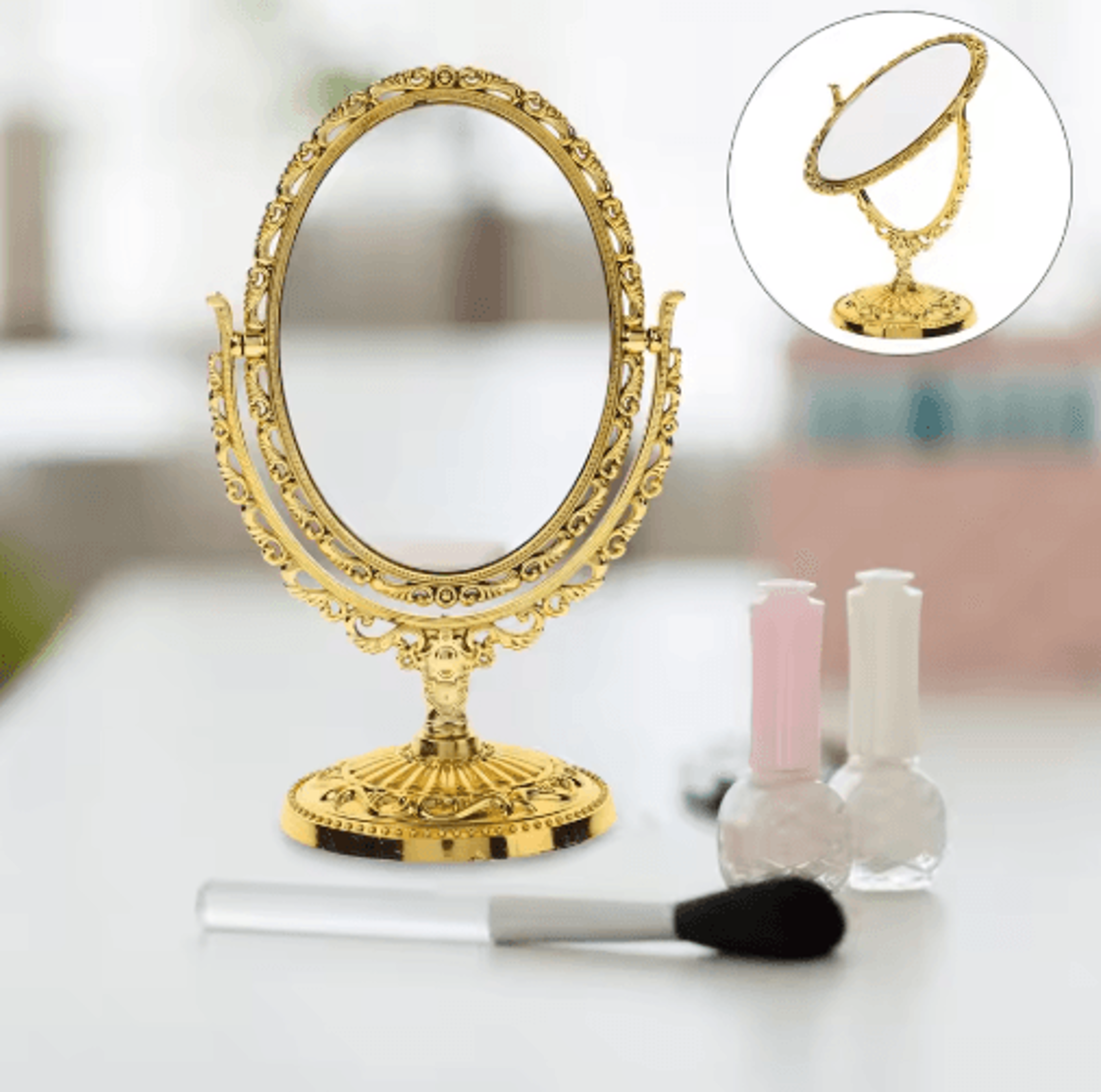 Vintage Oval Vanity Mirror  DoubleSided Rotating Golden Desktop Mirror 1