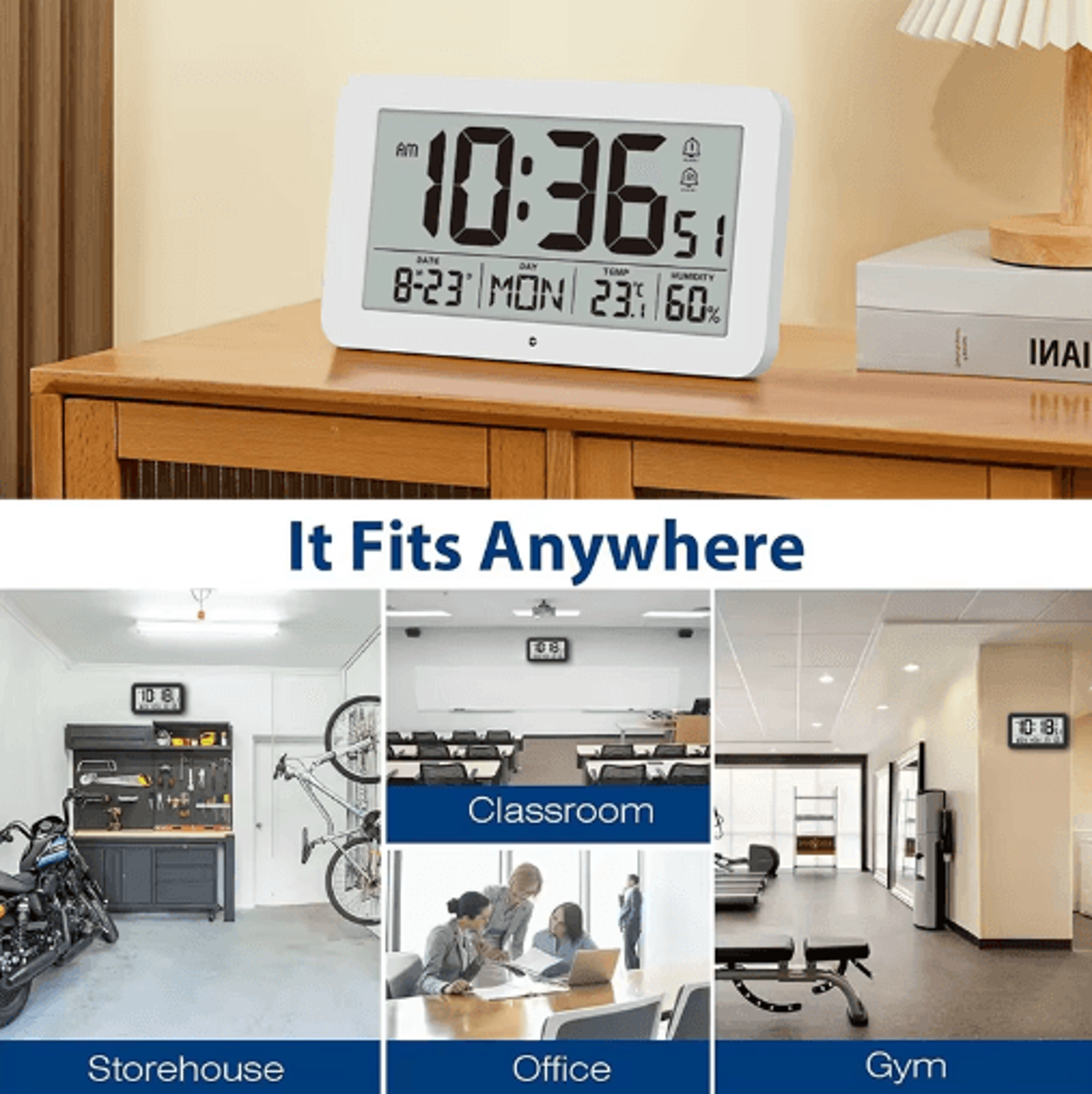 85 Digital Wall  Desk Clock  LCD Alarm Clock With Temperature Humidity  Calendar 5