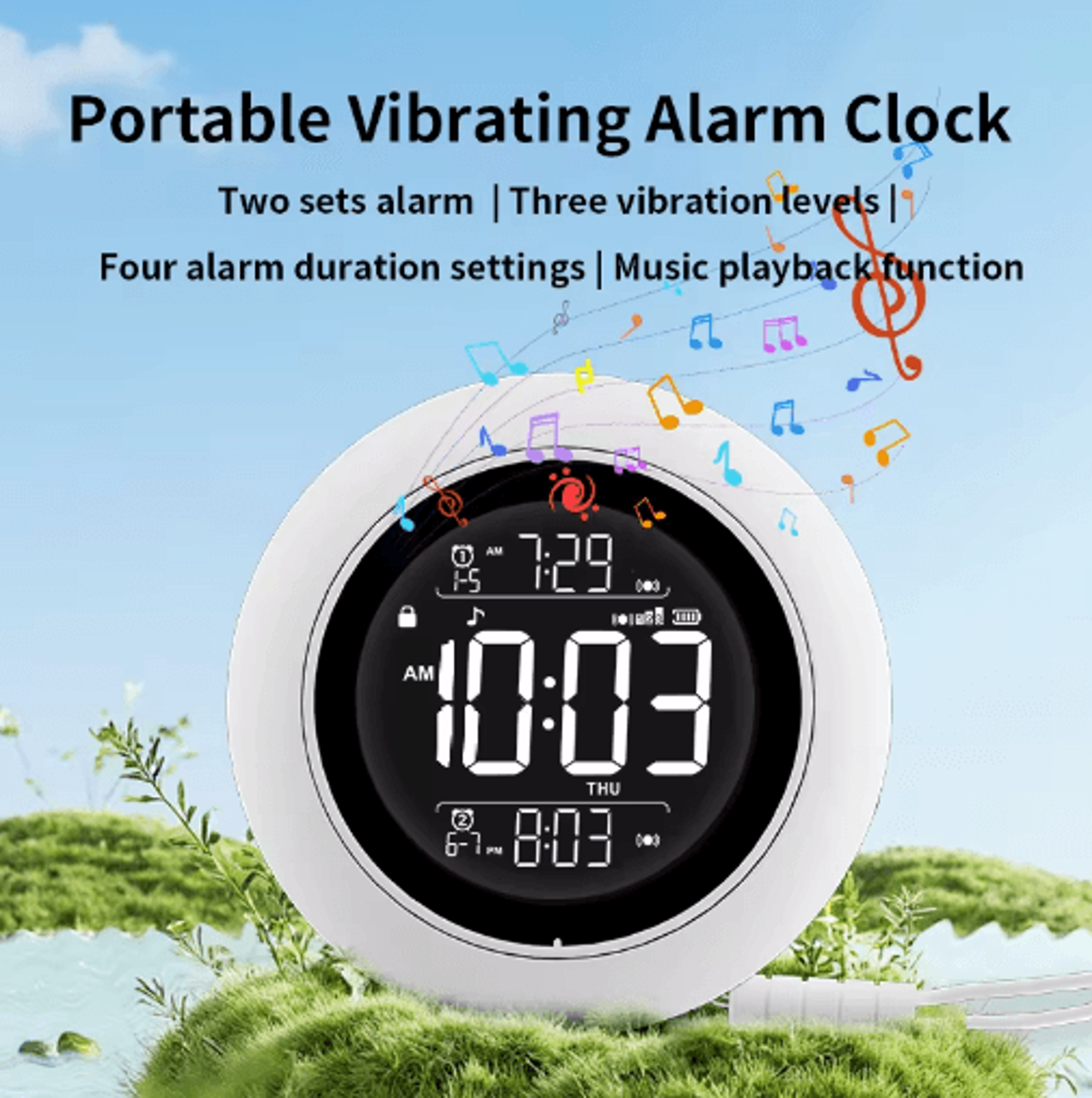 Portable Vibration Alarm Clock  4Alarm Bedside Digital Clock With Snooze 0