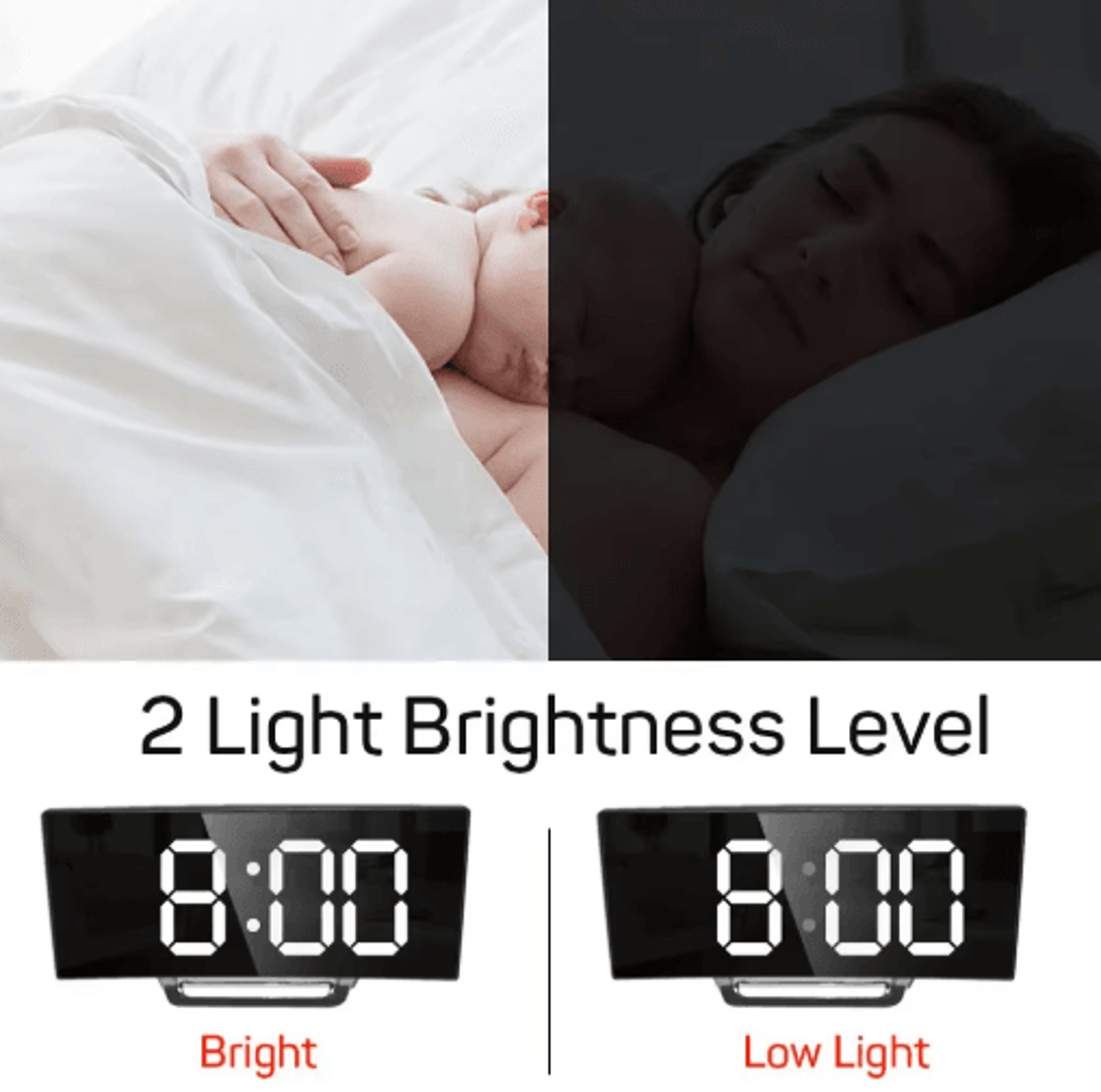Curved Screen LED Mirror Alarm Clock  Digital Bedside Clock With Temperature Display 6