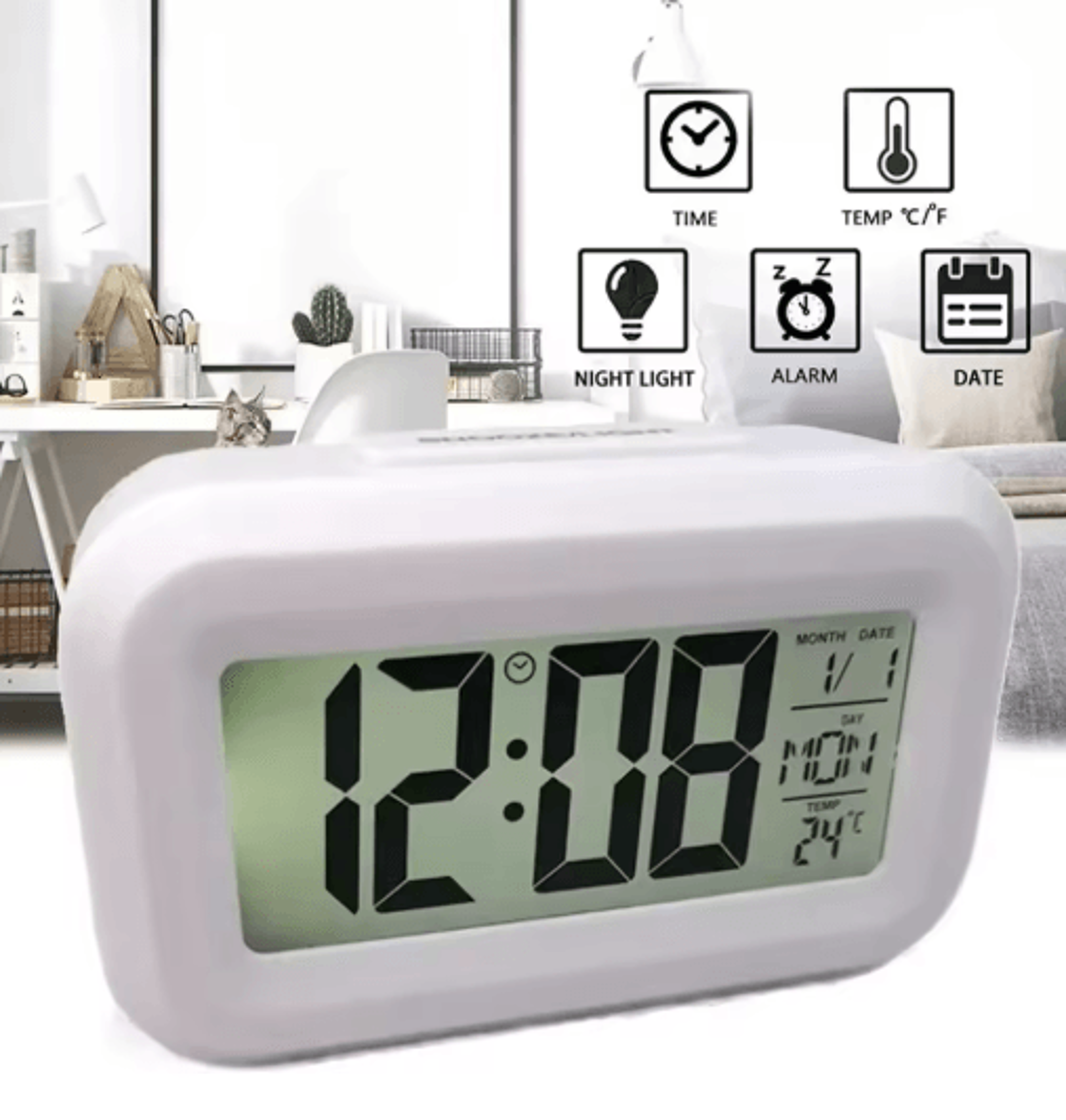 Smart LCD Digital Alarm Clock  LED Light Calendar  Temperature Display 9