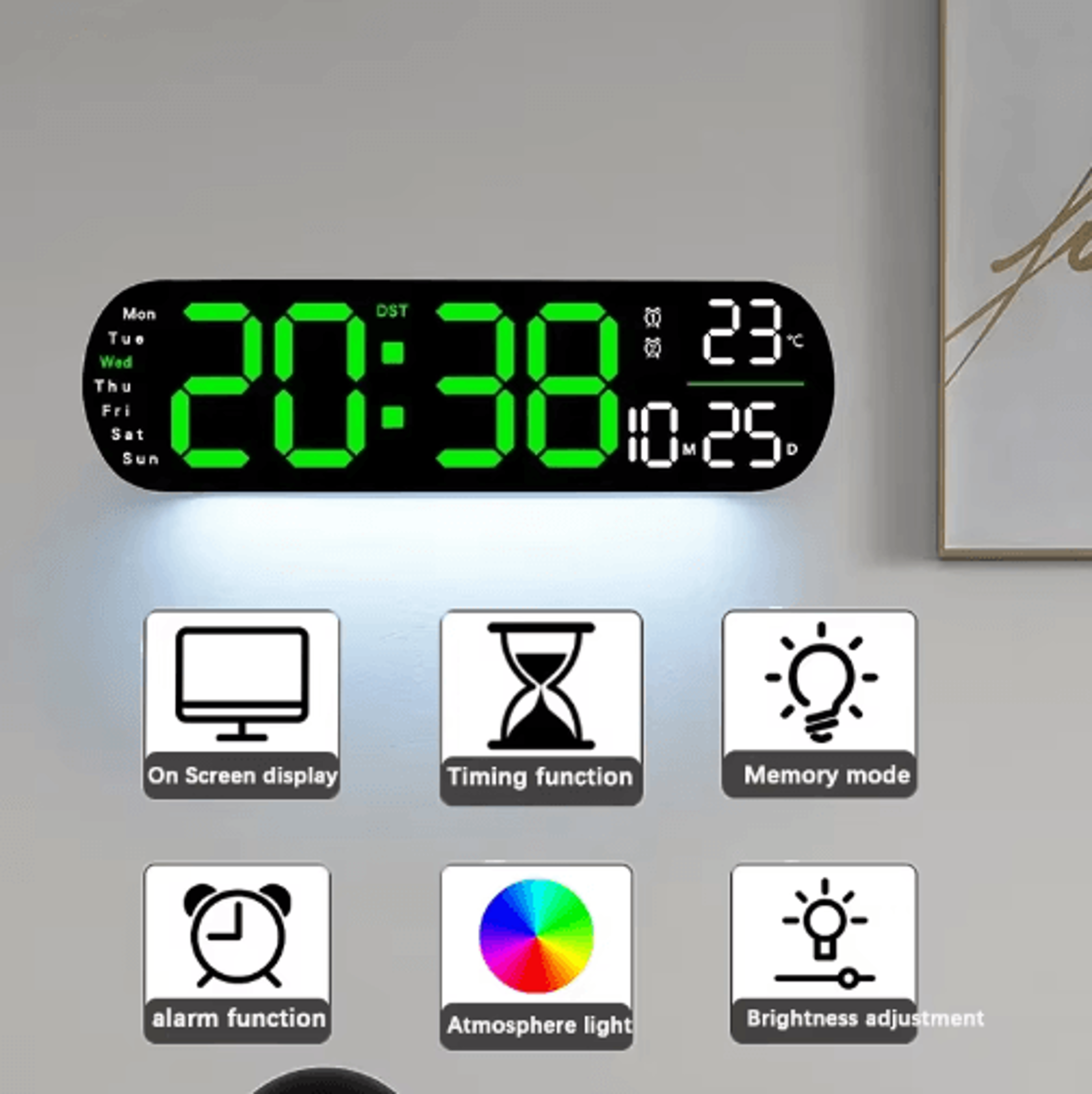 Large LED Digital Wall Clock  Temperature Humidity  Remote Control Display 0