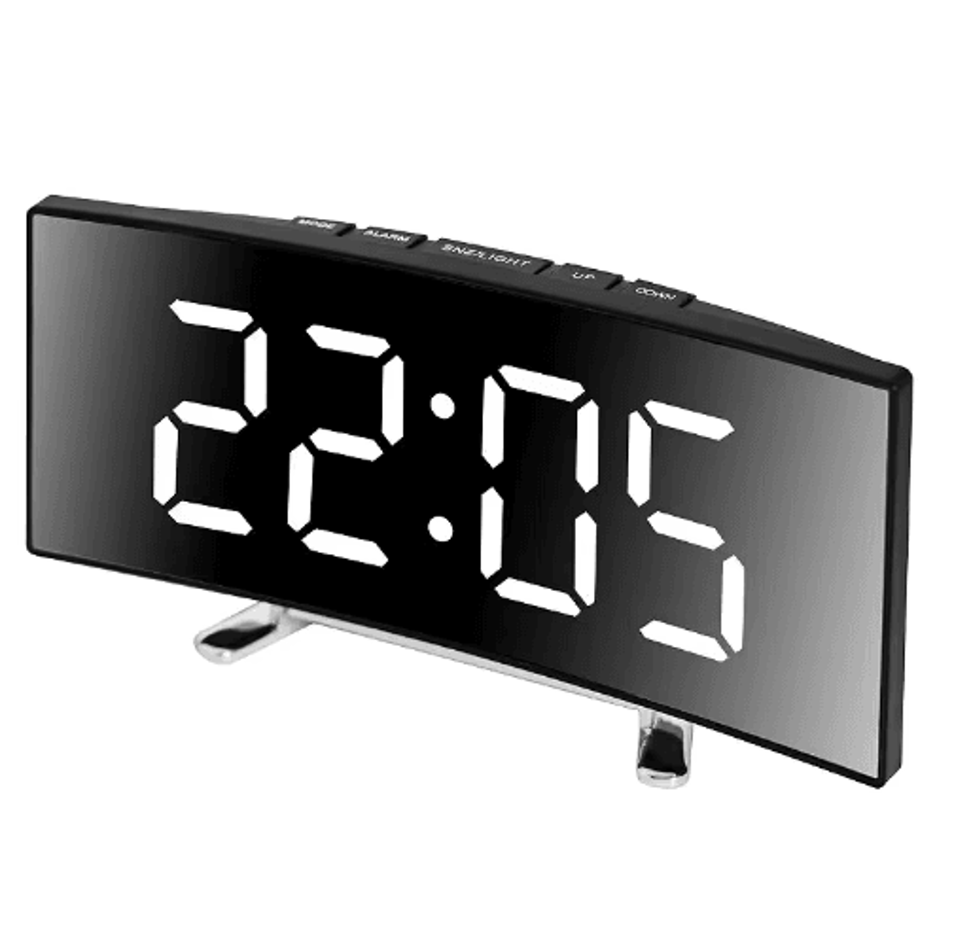 Curved LED Mirror Alarm Clock  Large Screen DualPower Digital Bedside Clock 0