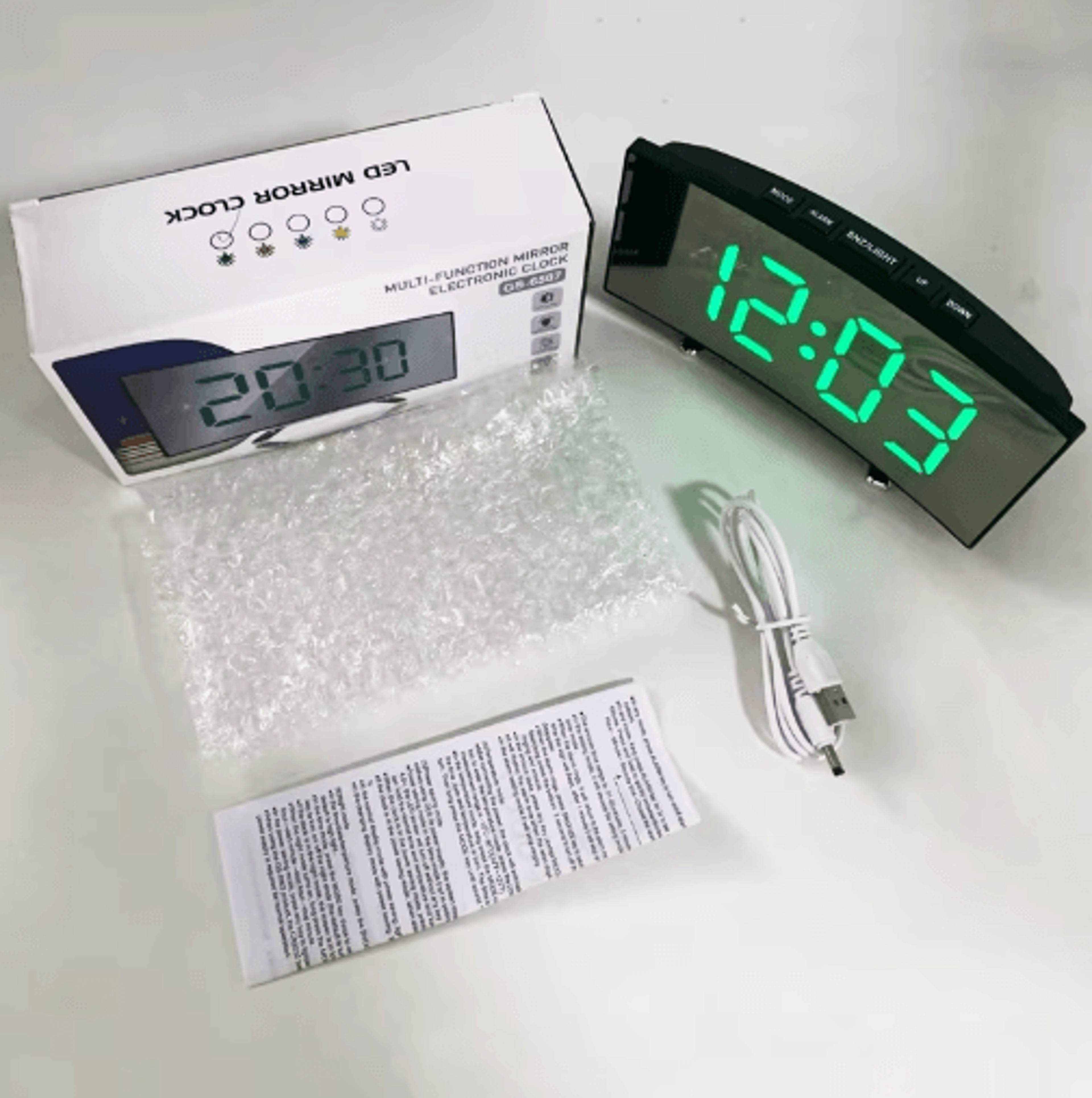 Curved LED Mirror Alarm Clock  Large Screen DualPower Digital Bedside Clock 9