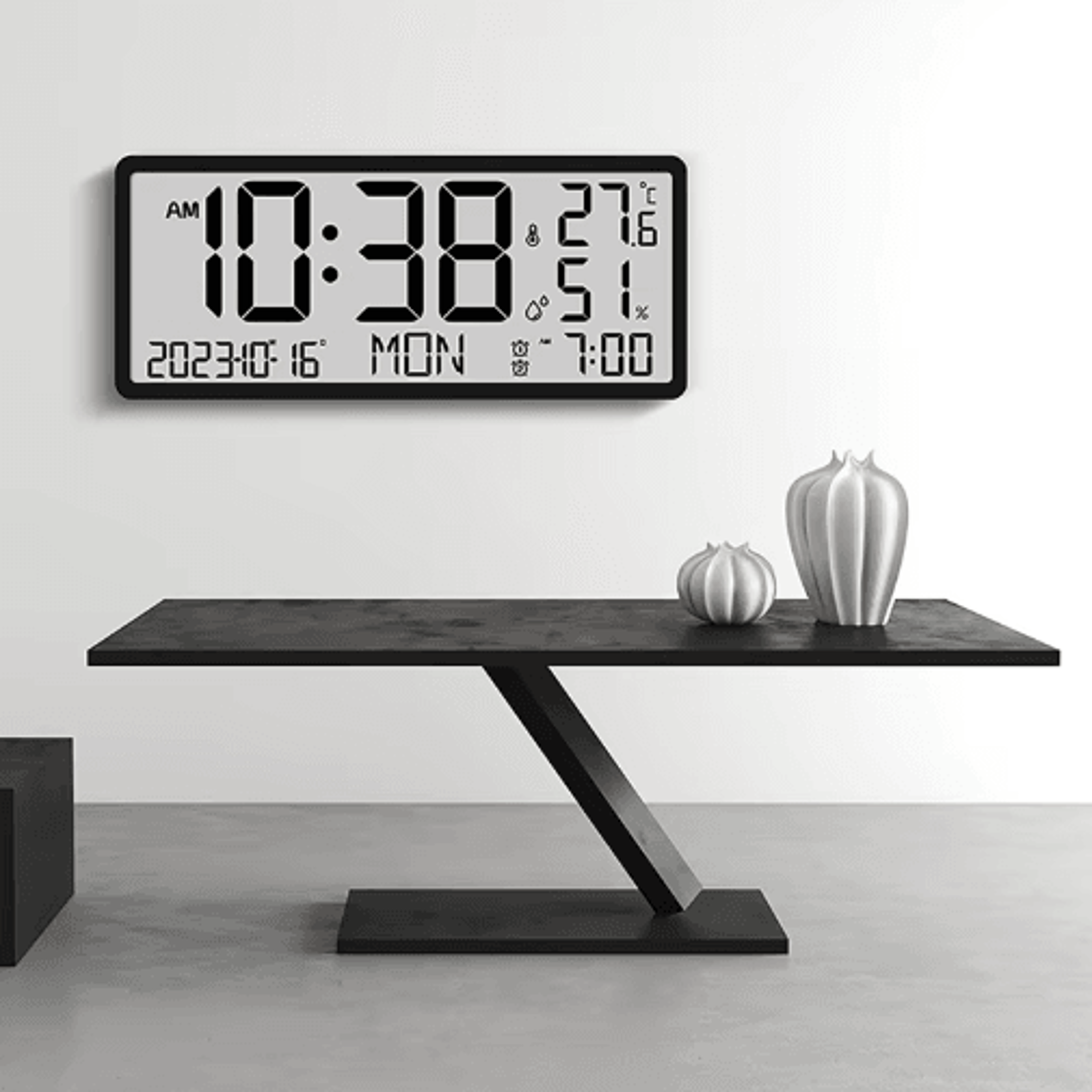 Large LCD Wall Clock  Temperature Humidity  Multifunctional Alarm Display 0