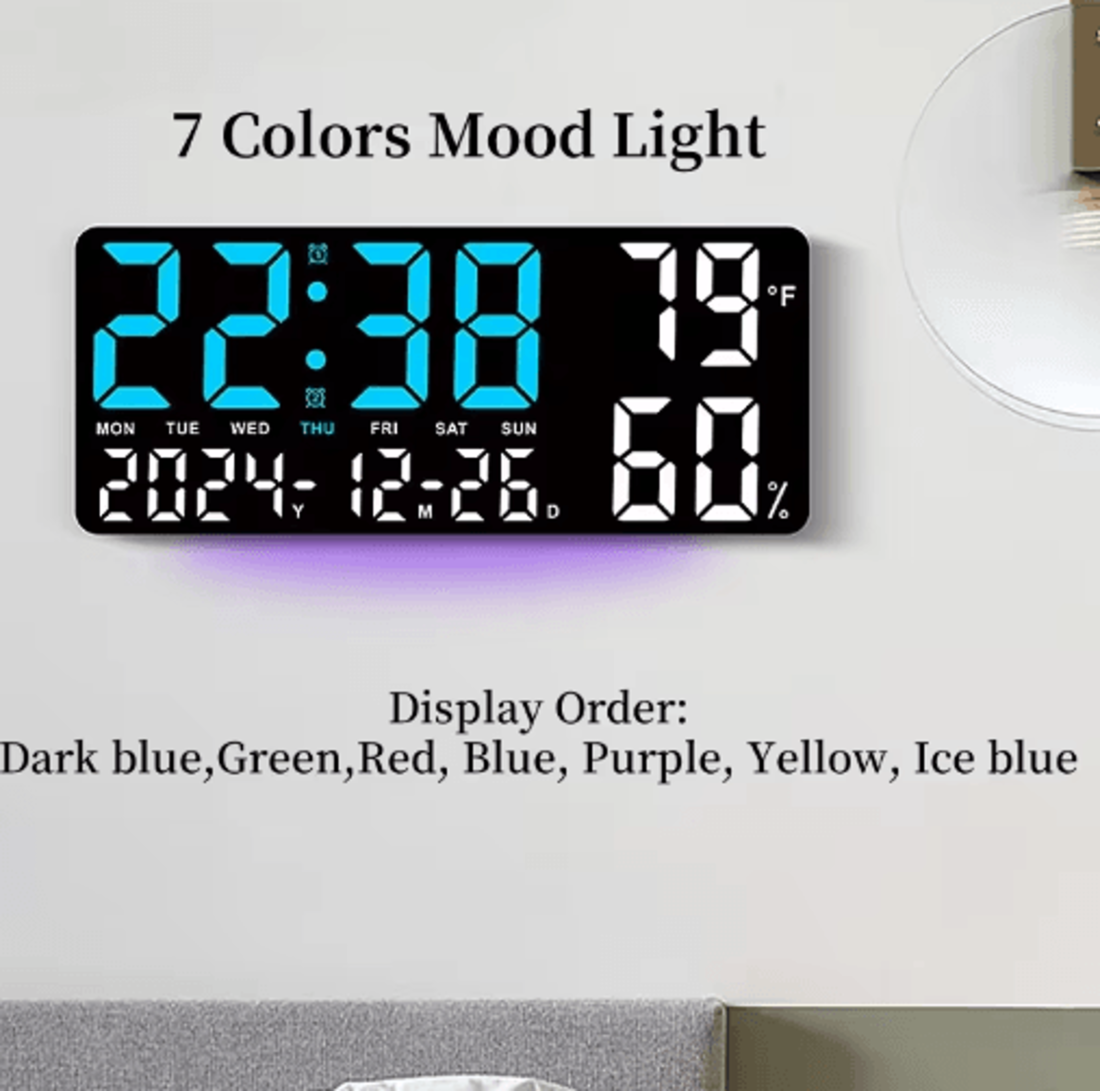 Large Digital Wall Clock  7Color Mood Light Dual Alarms  Countdown Timer 10