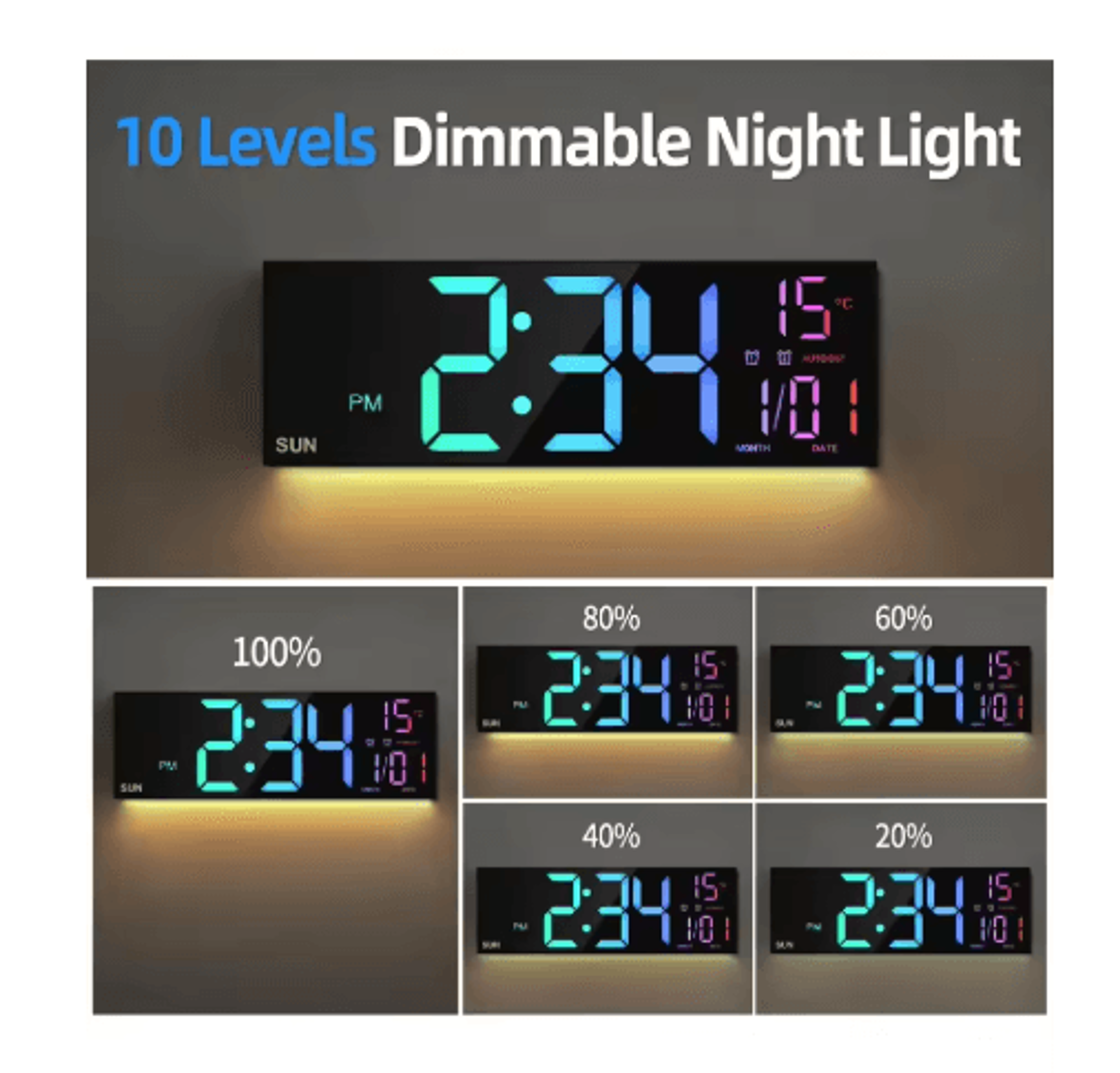 162Inch RGB Digital Wall Clock  Large LED Display With Dual Alarms  Remote 3