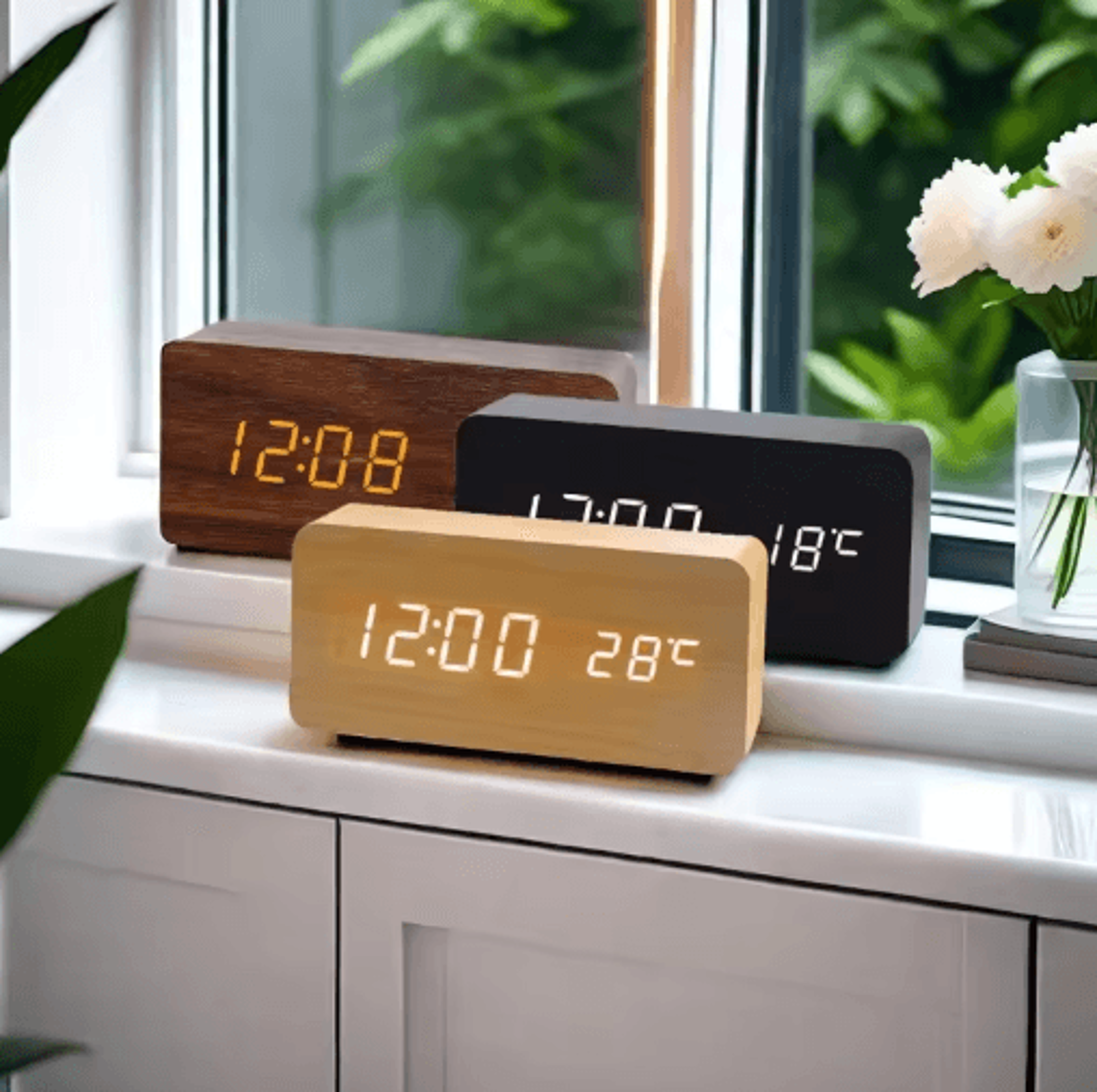 Wooden LED Alarm Clock  Voice Control Digital Table Clock For Modern Decor 5