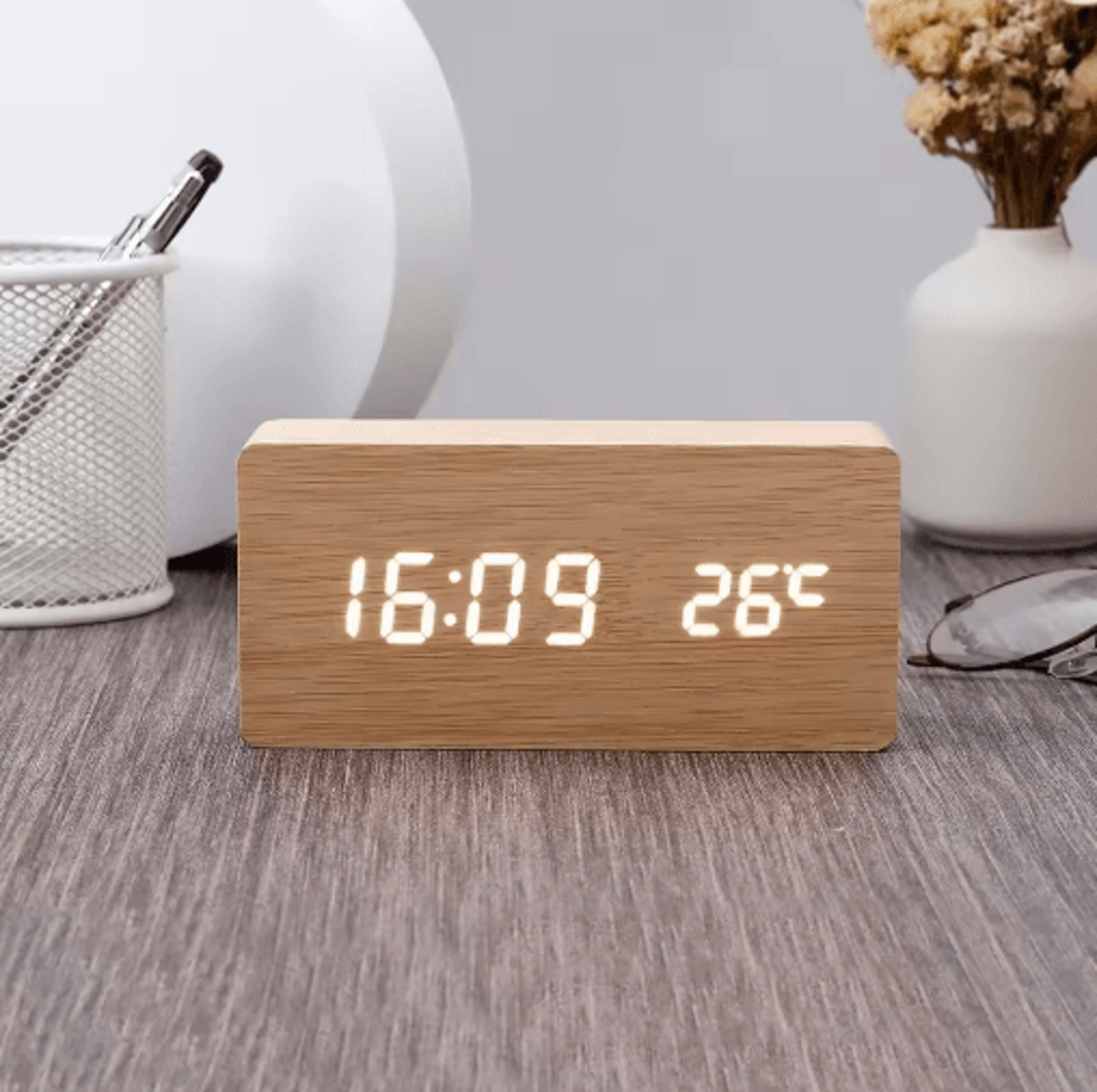 Wooden LED Alarm Clock  Voice Control Digital Table Clock For Modern Decor 8