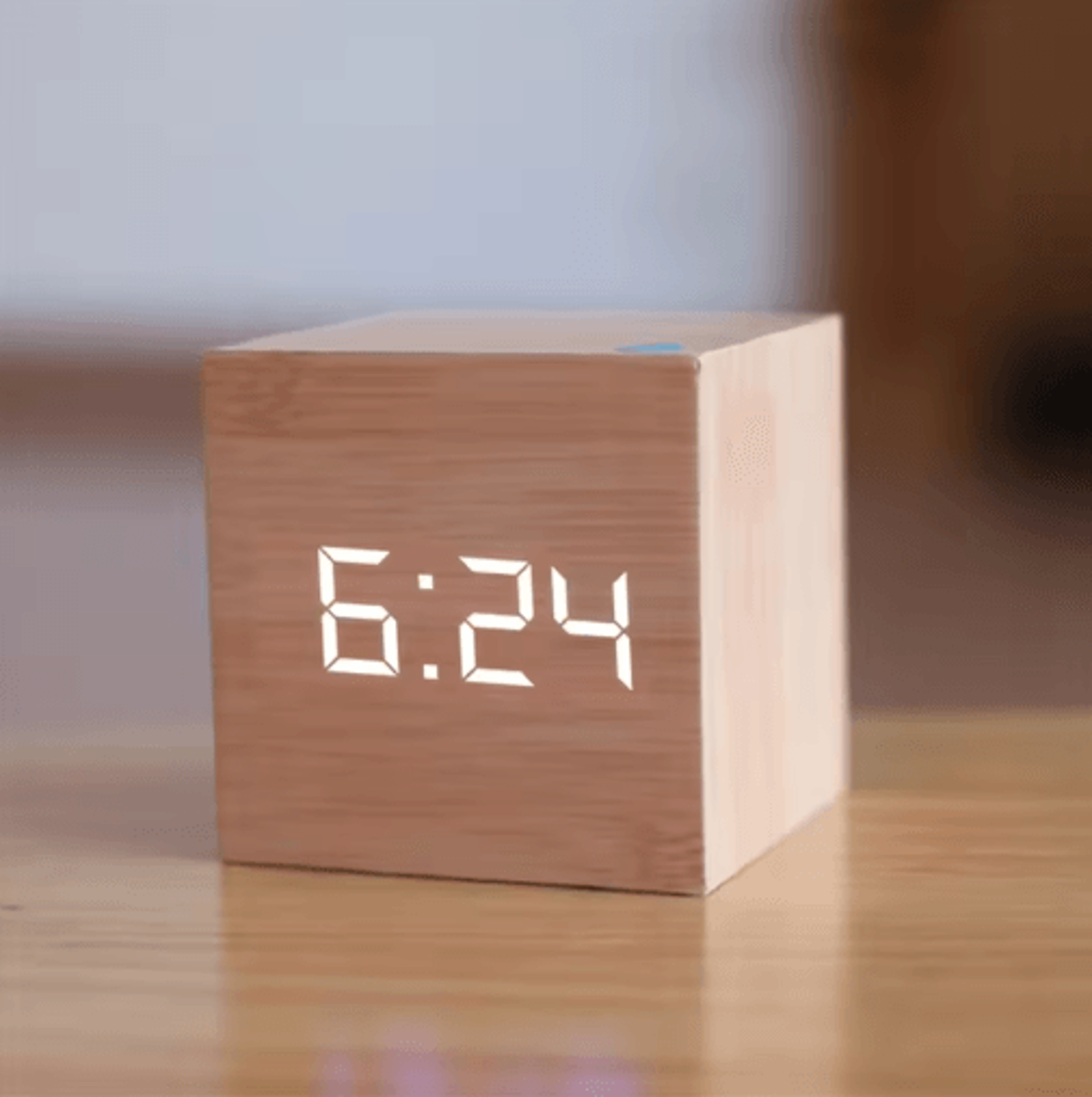 Square Wooden LED Alarm Clock  Voice Control Desk Clock With Snooze 0