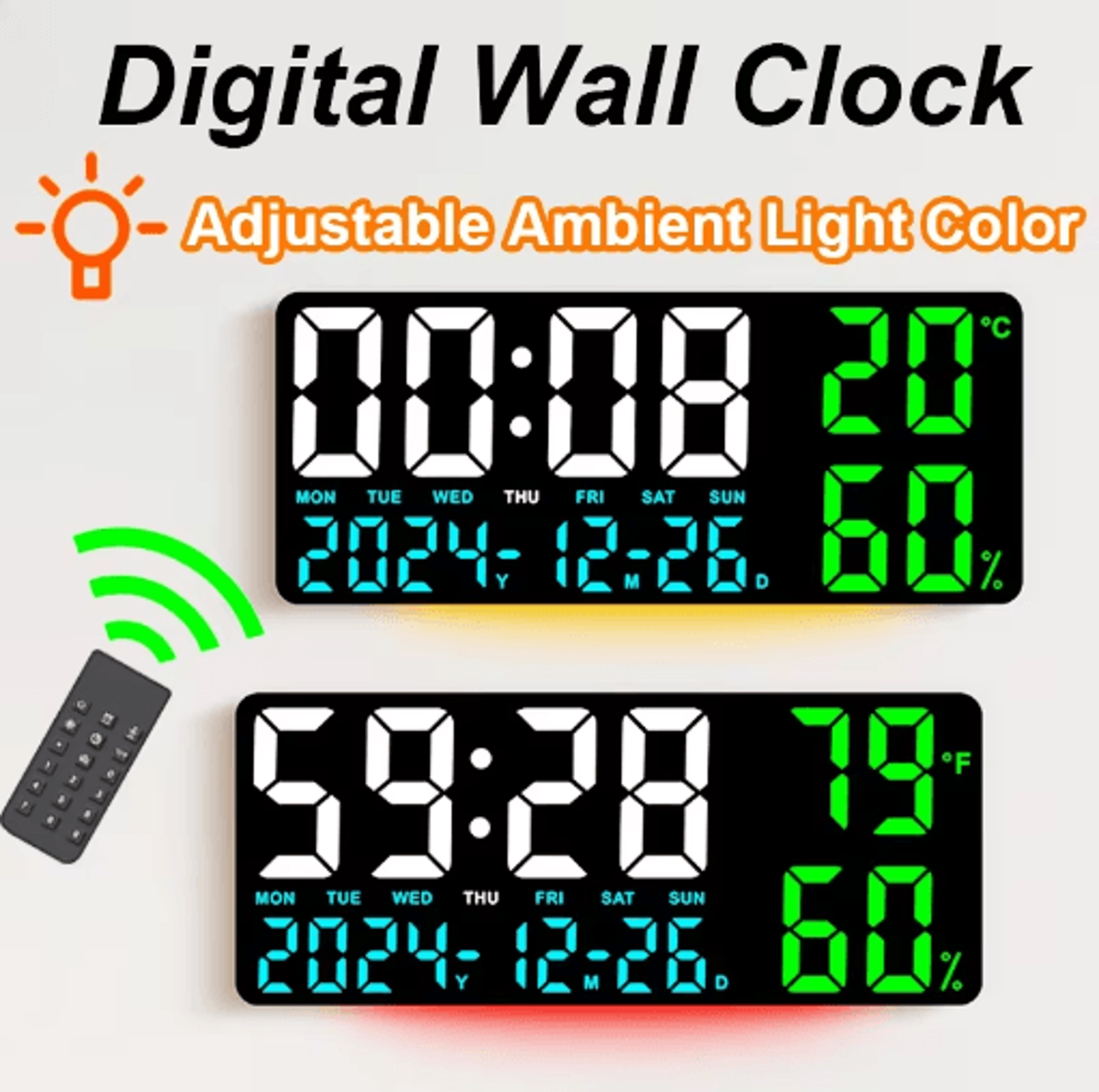 LED Digital Wall Clock  Atmosphere Lights Remote Control  Temperature Display 7