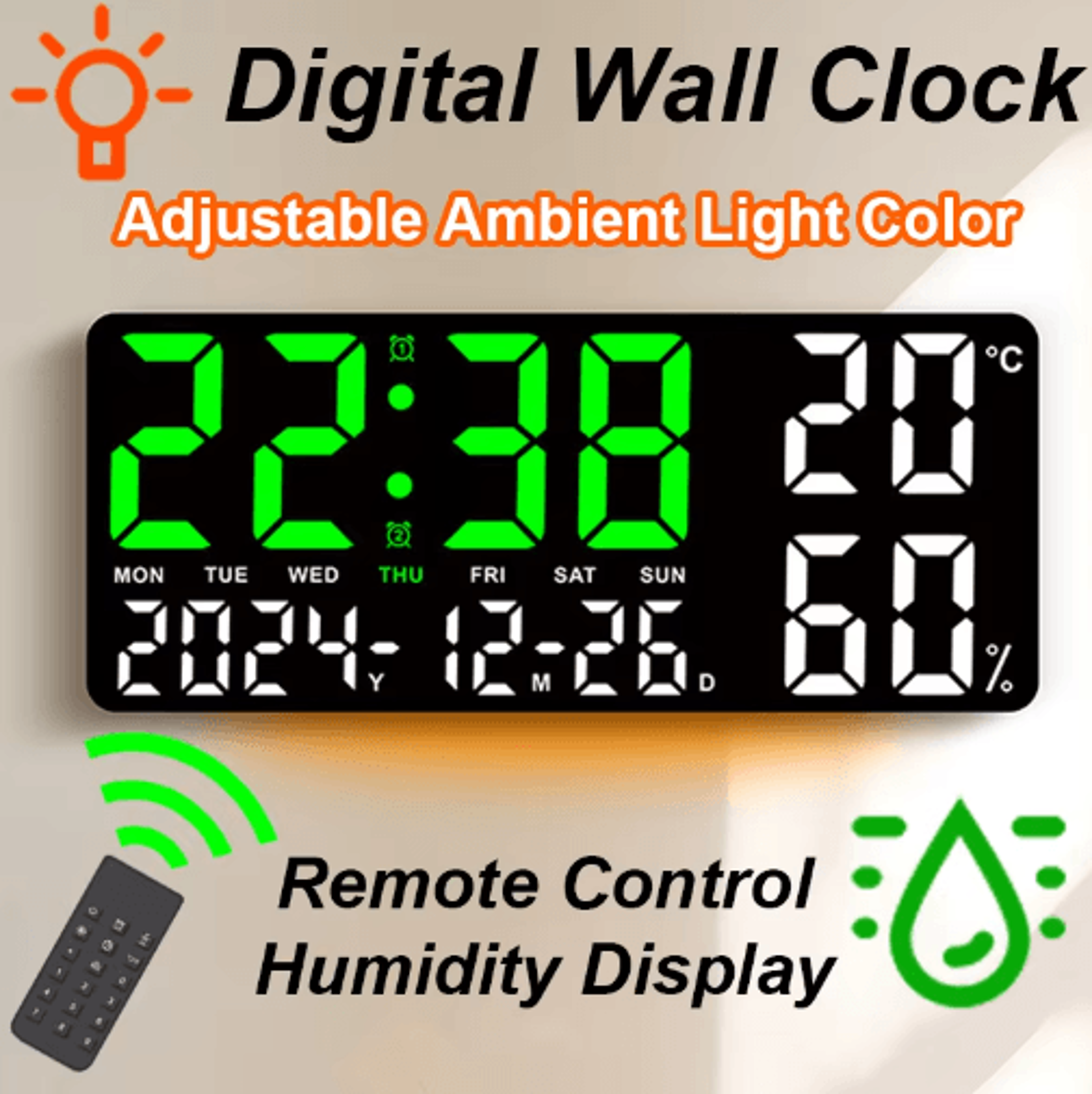 LED Digital Wall Clock  Atmosphere Lights Remote Control  Temperature Display 0