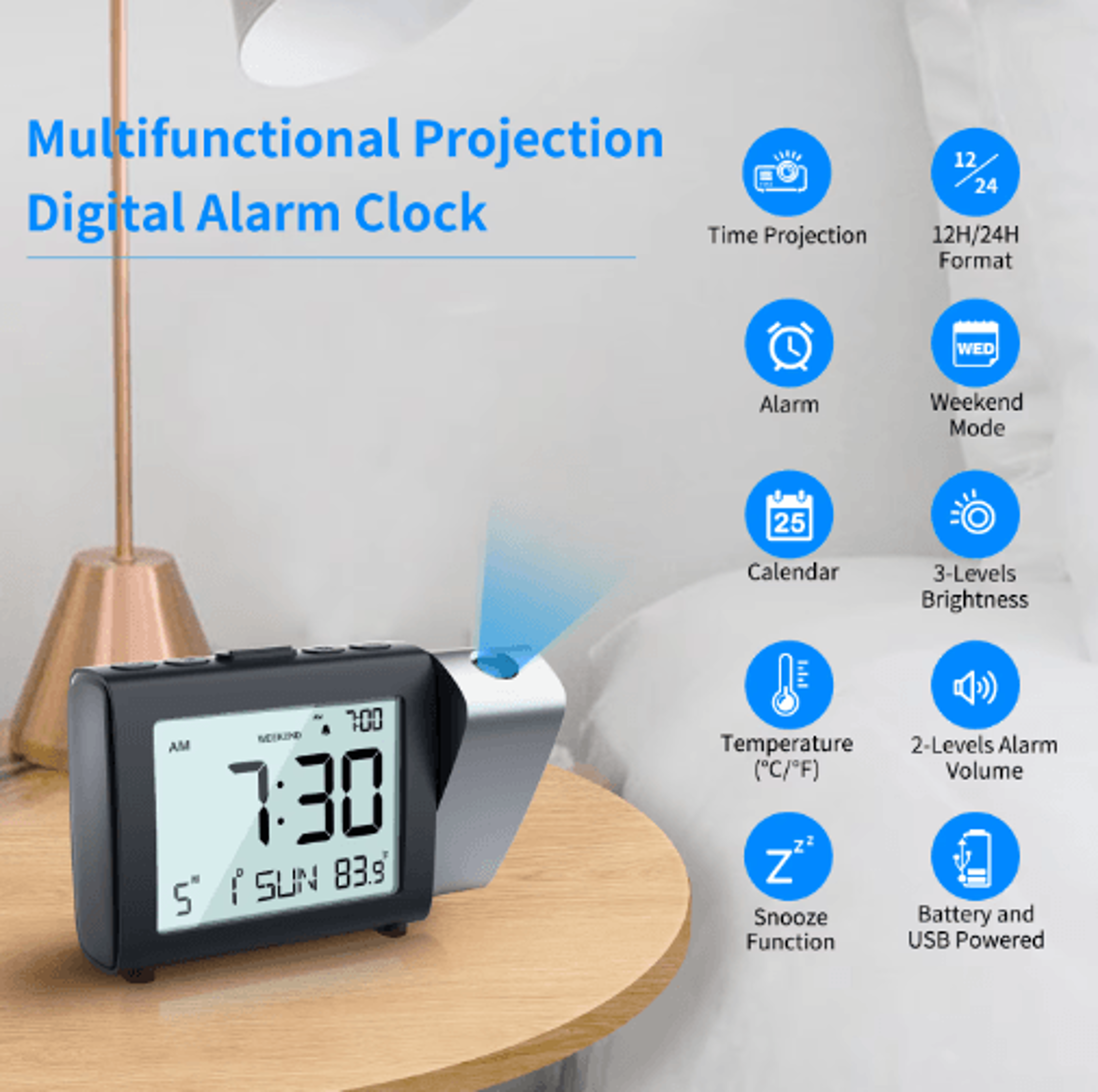 180 Projection Alarm Clock  Dimmable LCD Bedside Clock With Memory 0