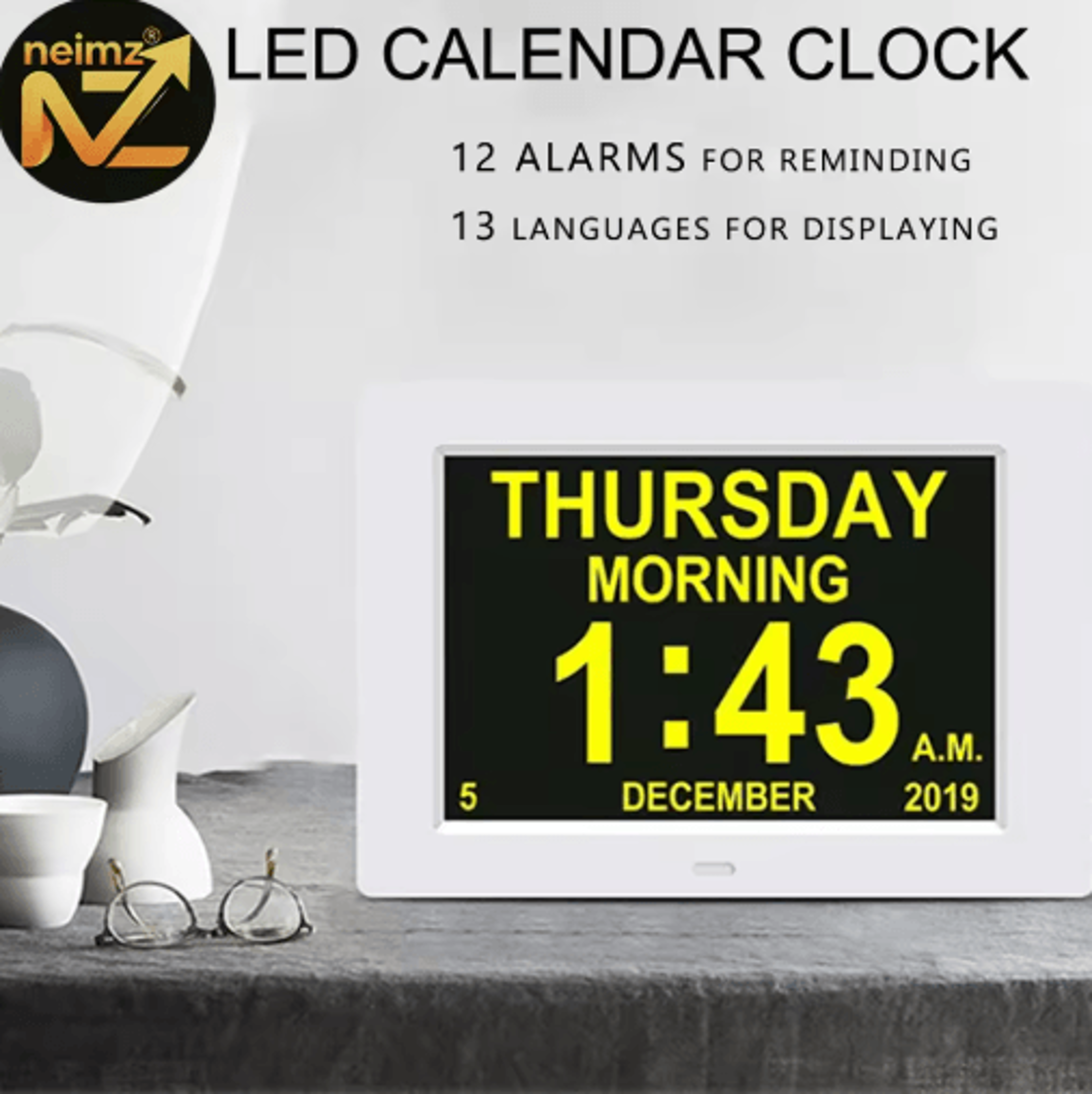 12Alarm LED Calendar Clock  MultiLanguage Medicine  Daily Reminder Display 0