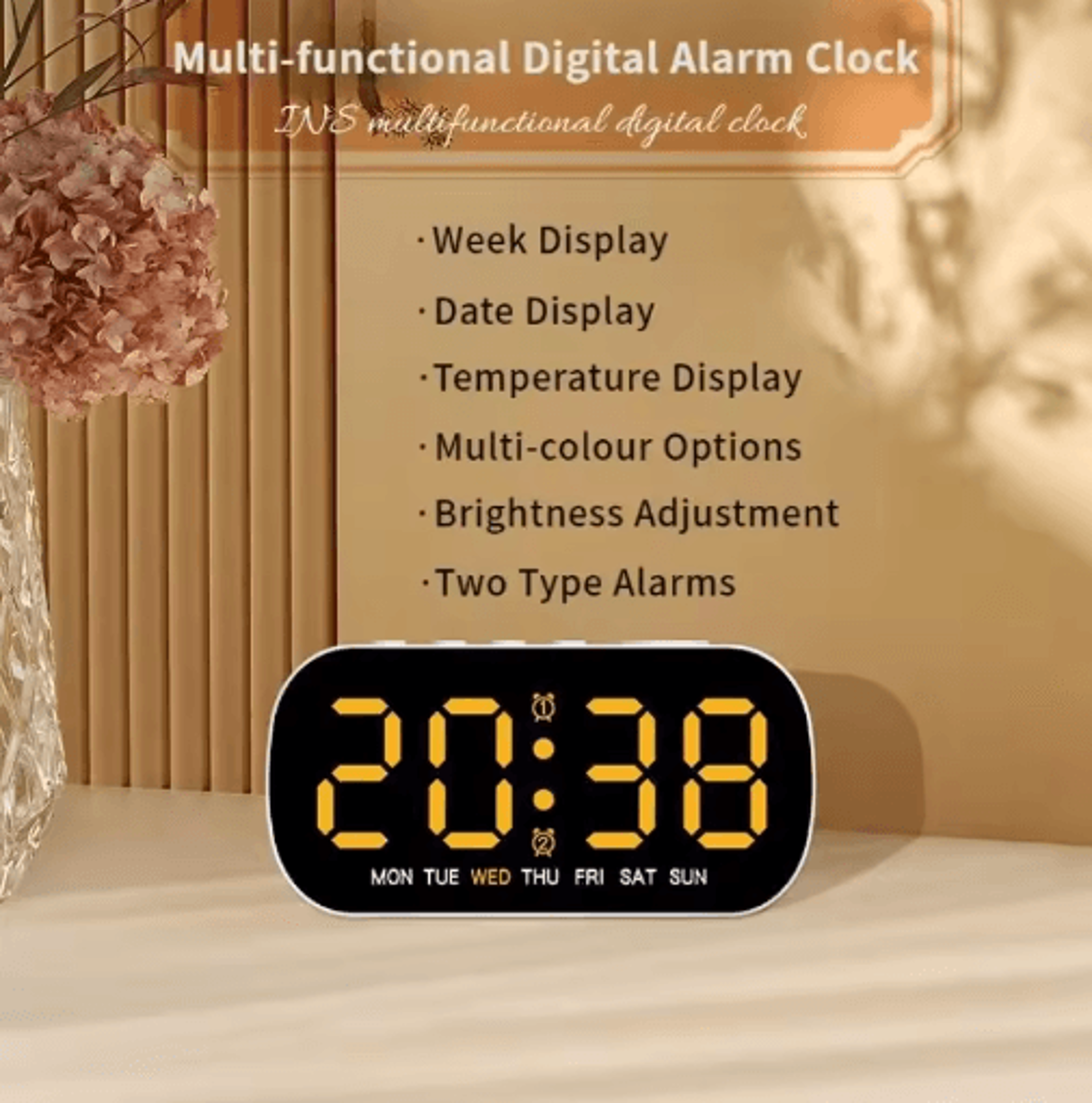 USB Digital Alarm Clock  Dual Alarms Temperature  5Level Brightness 9
