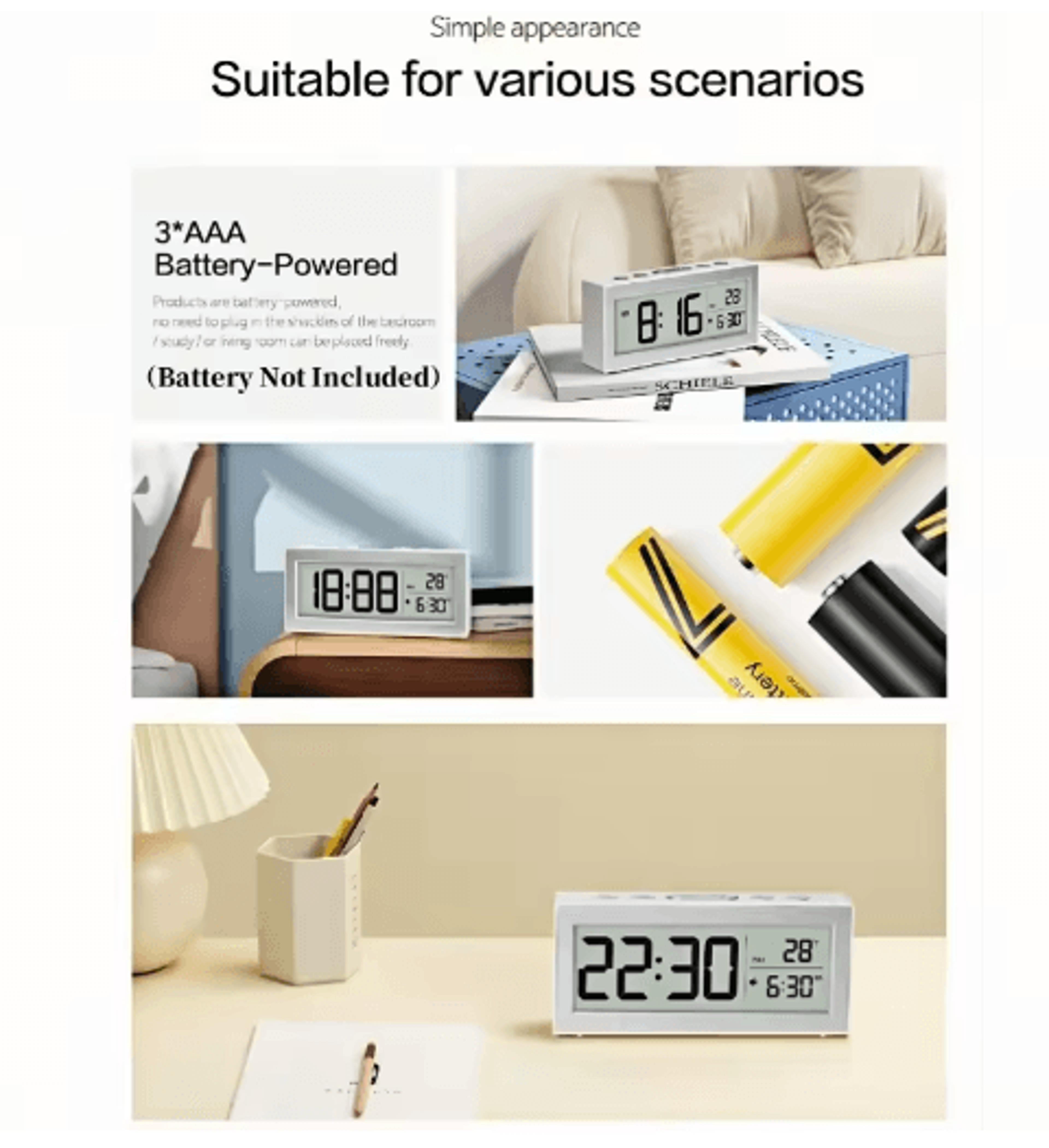 Battery Powered LCD Alarm Clock  Temperature Date  Auto Dimming Display 4