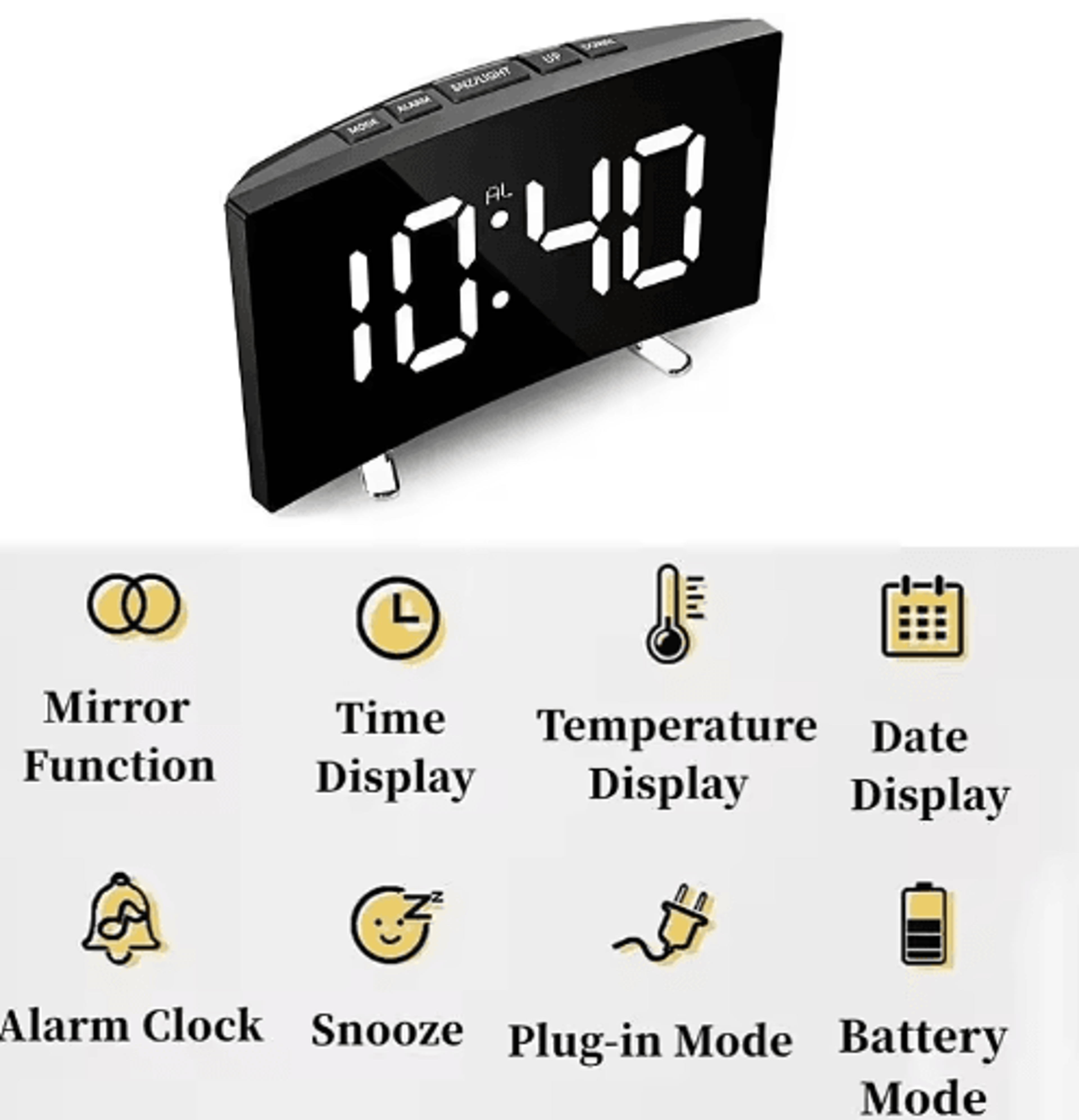 Mirror Digital Alarm Clock  LED Temperature  Date Display With Snooze 6