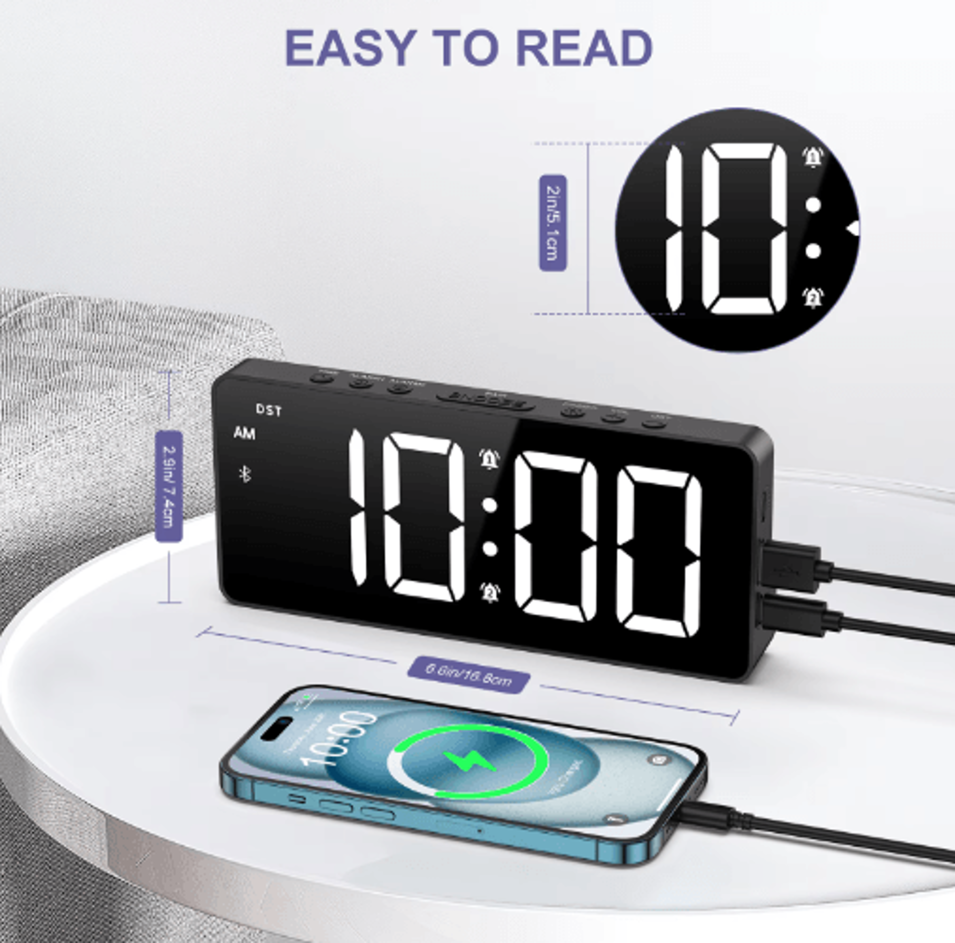 ORIA 7Inch LED Alarm Clock  Bluetooth Time Sync With Dual Alarms 3