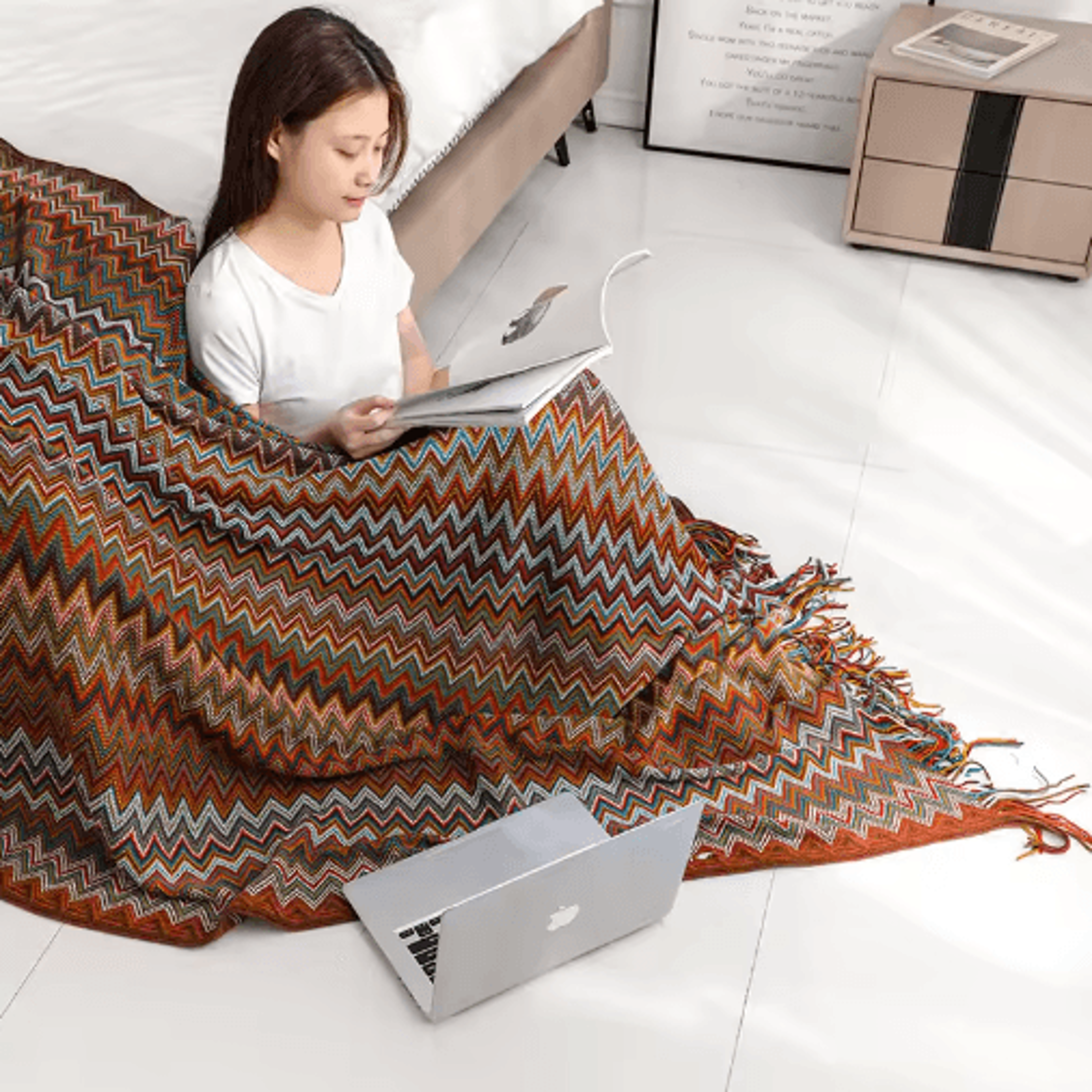 Retro Bohemian Knitted Blanket  Striped Plaid Tassel Sofa  Bed Throw 7