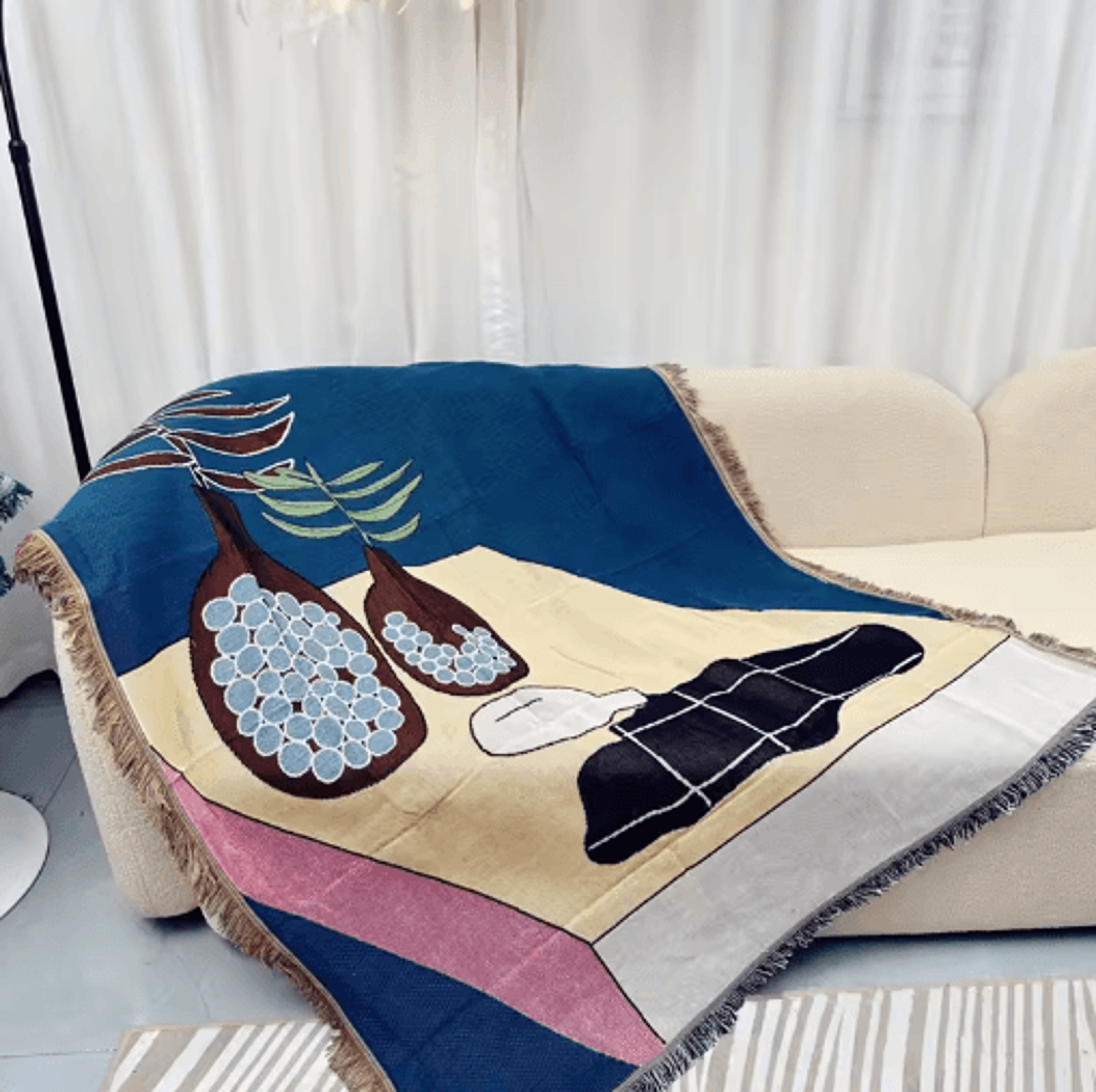 Japanese Abstract Knitted Throw Blanket  Blue Geometric Tassel Tapestry 1