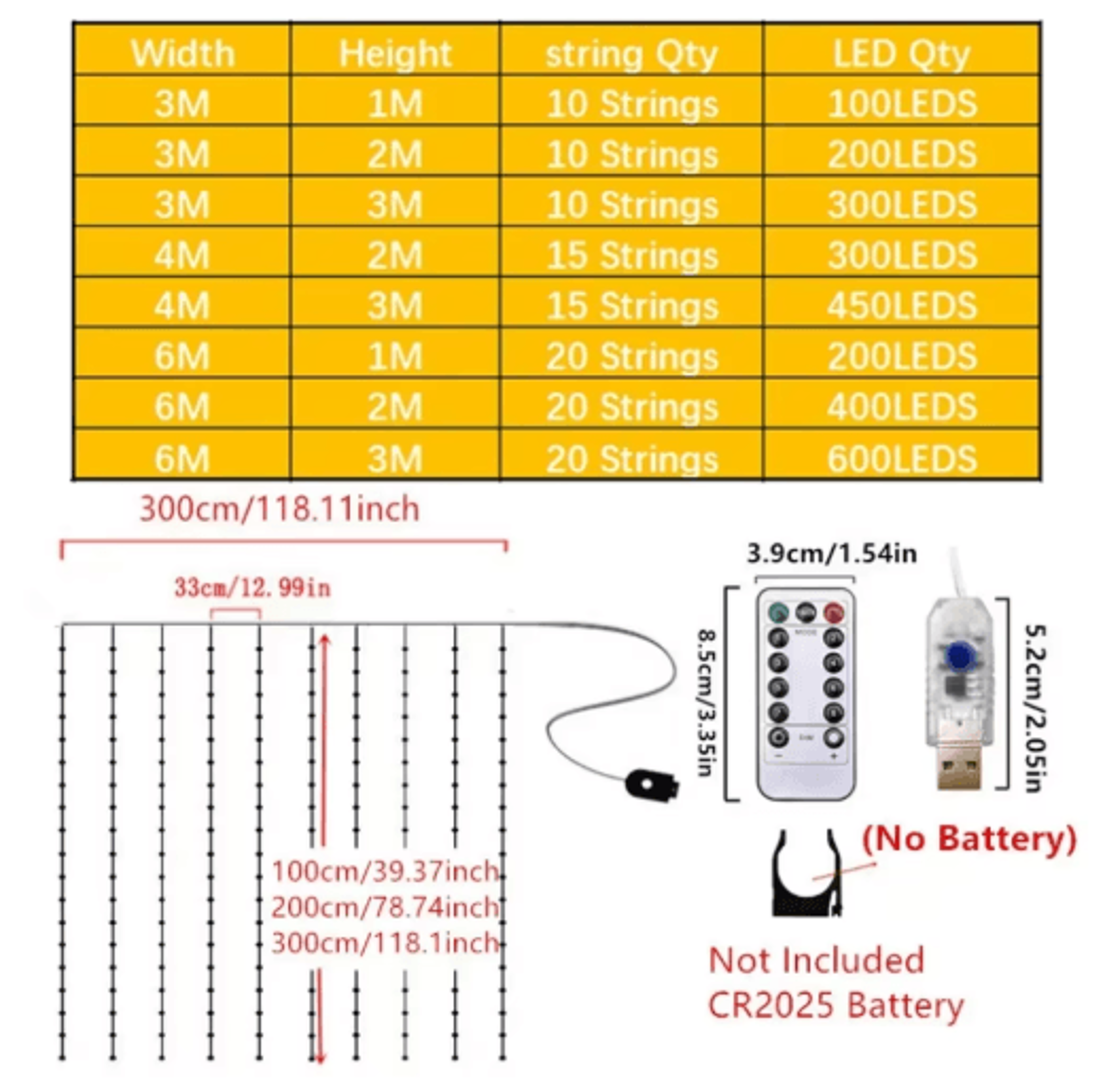 USB LED Curtain Fairy Lights  3M4M6M Remote Control String Lights 7