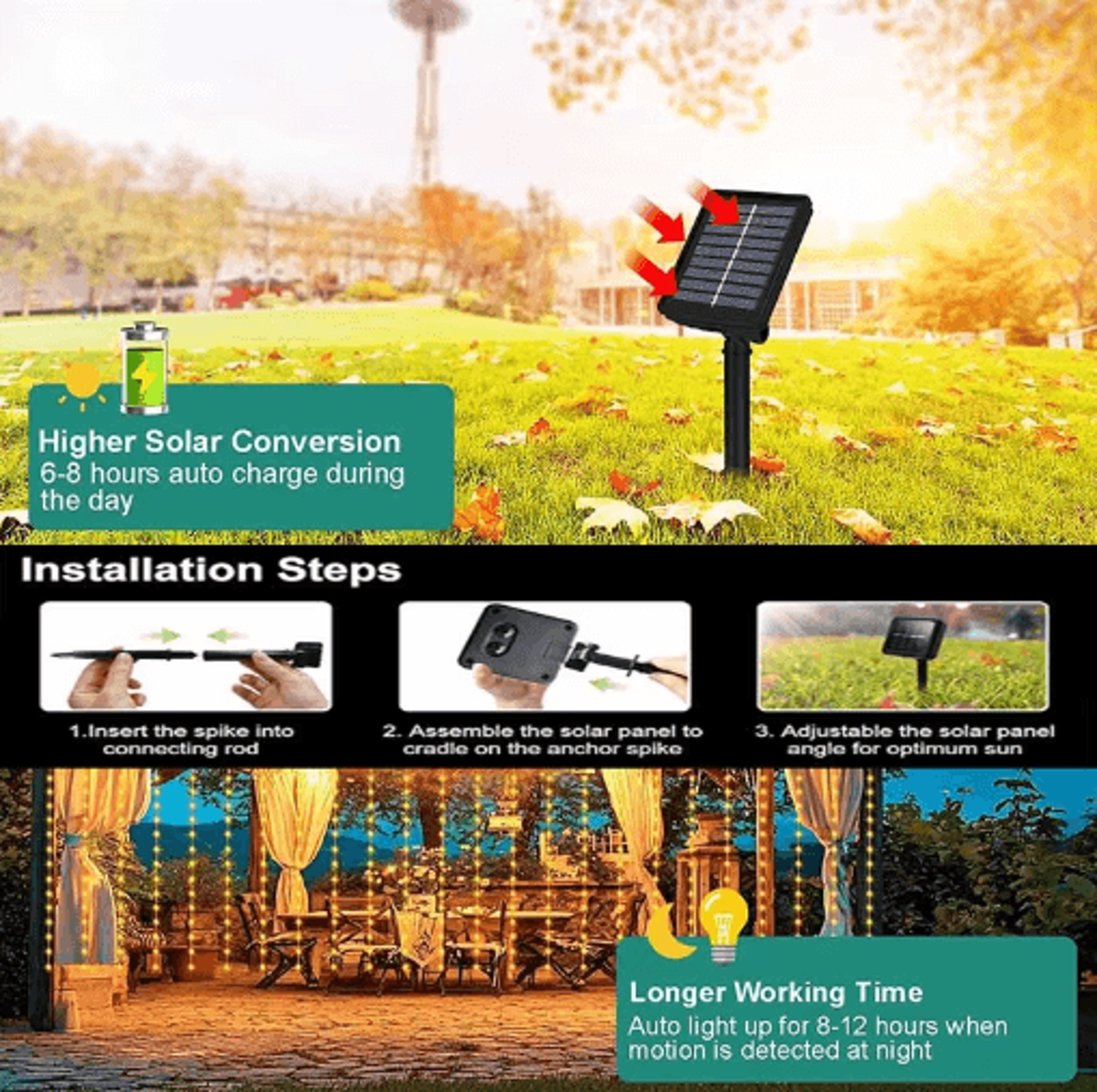 300 LED Solar Curtain Lights  Waterproof Outdoor Fairy Garland 6