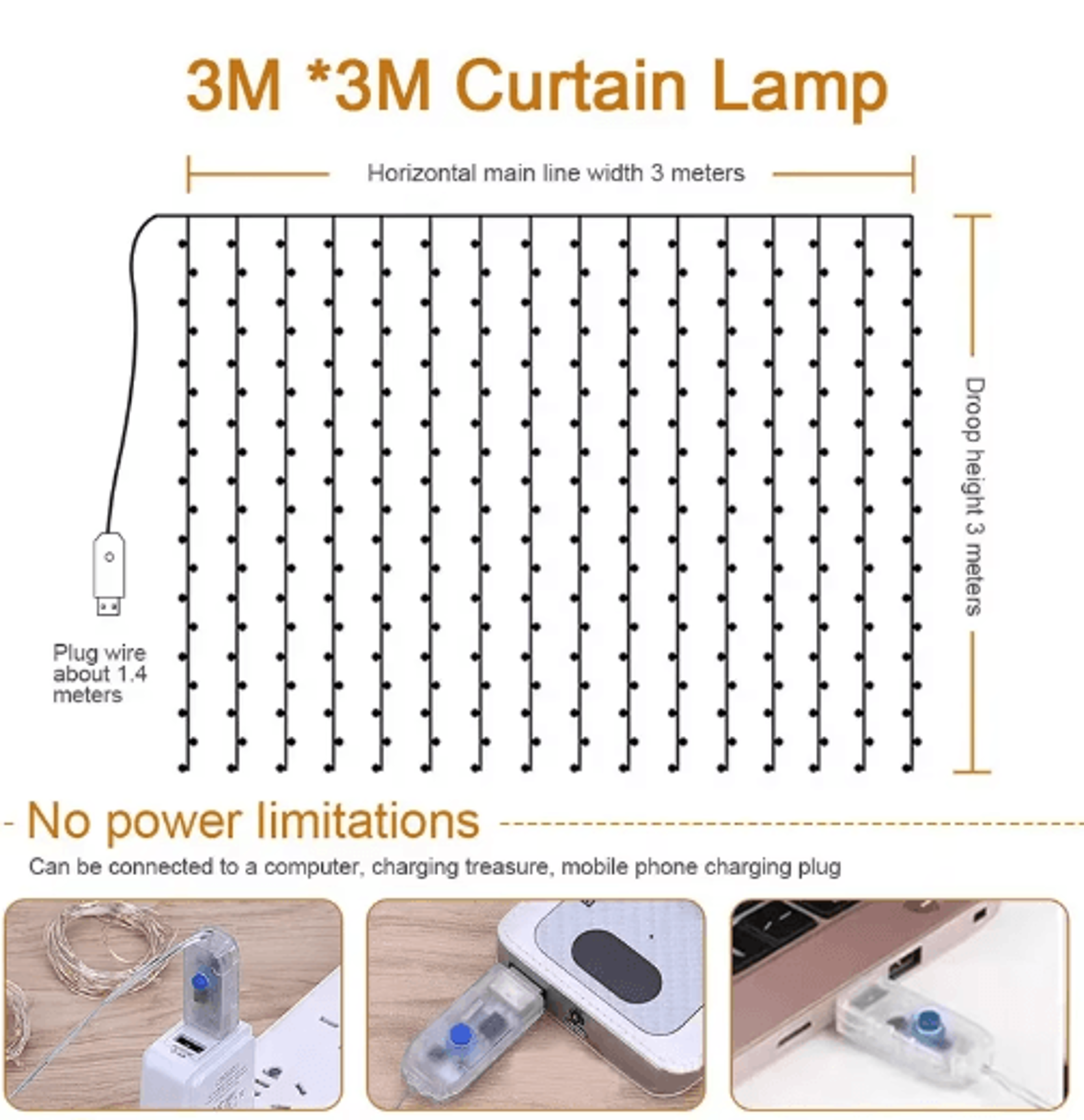 3M LED Waterfall Curtain Lights  USB Remote 8Mode Fairy Garland 9