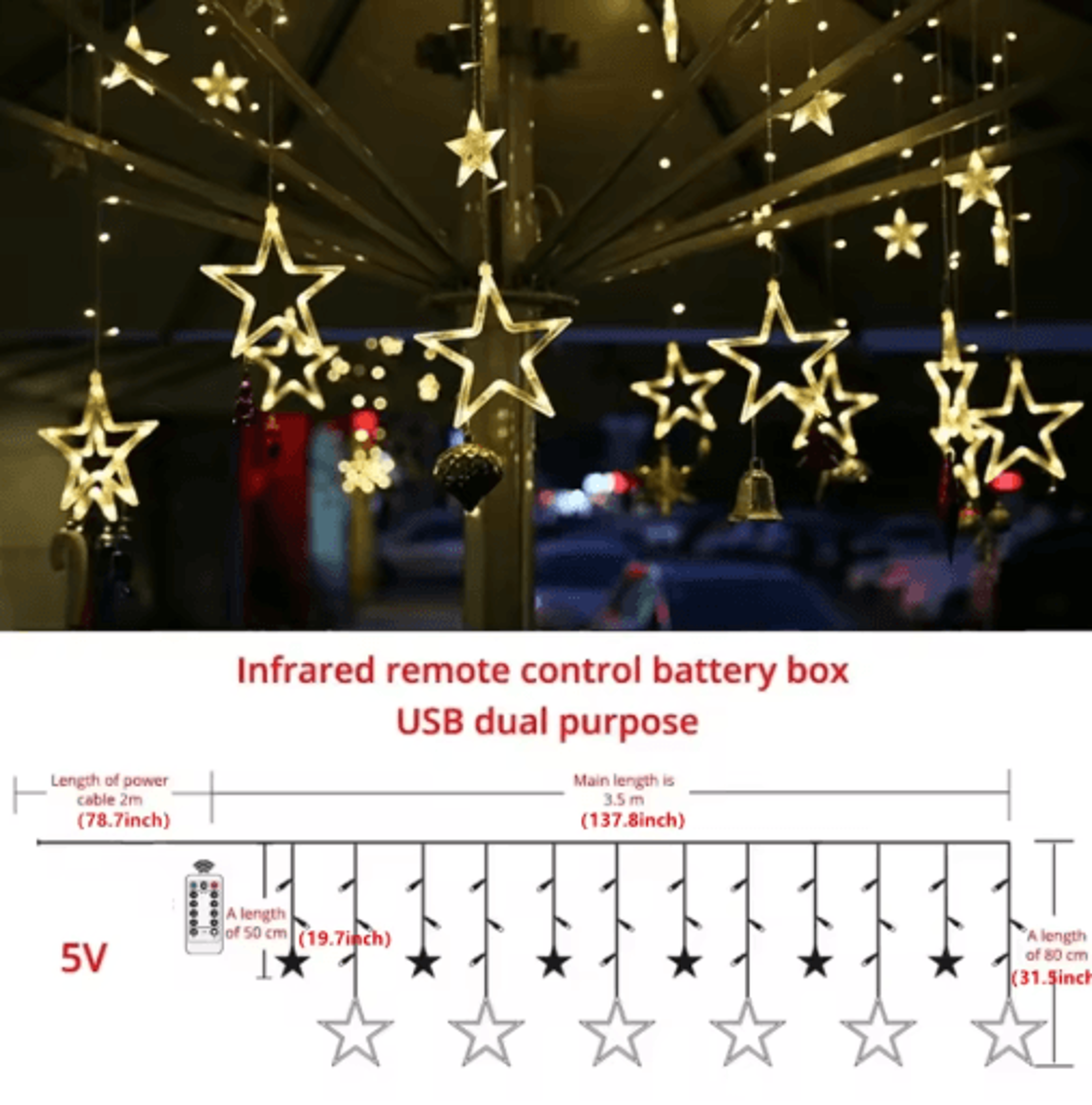 LED Pentagram Star Curtain Lights  Remote Fairy String Lights For Events 3