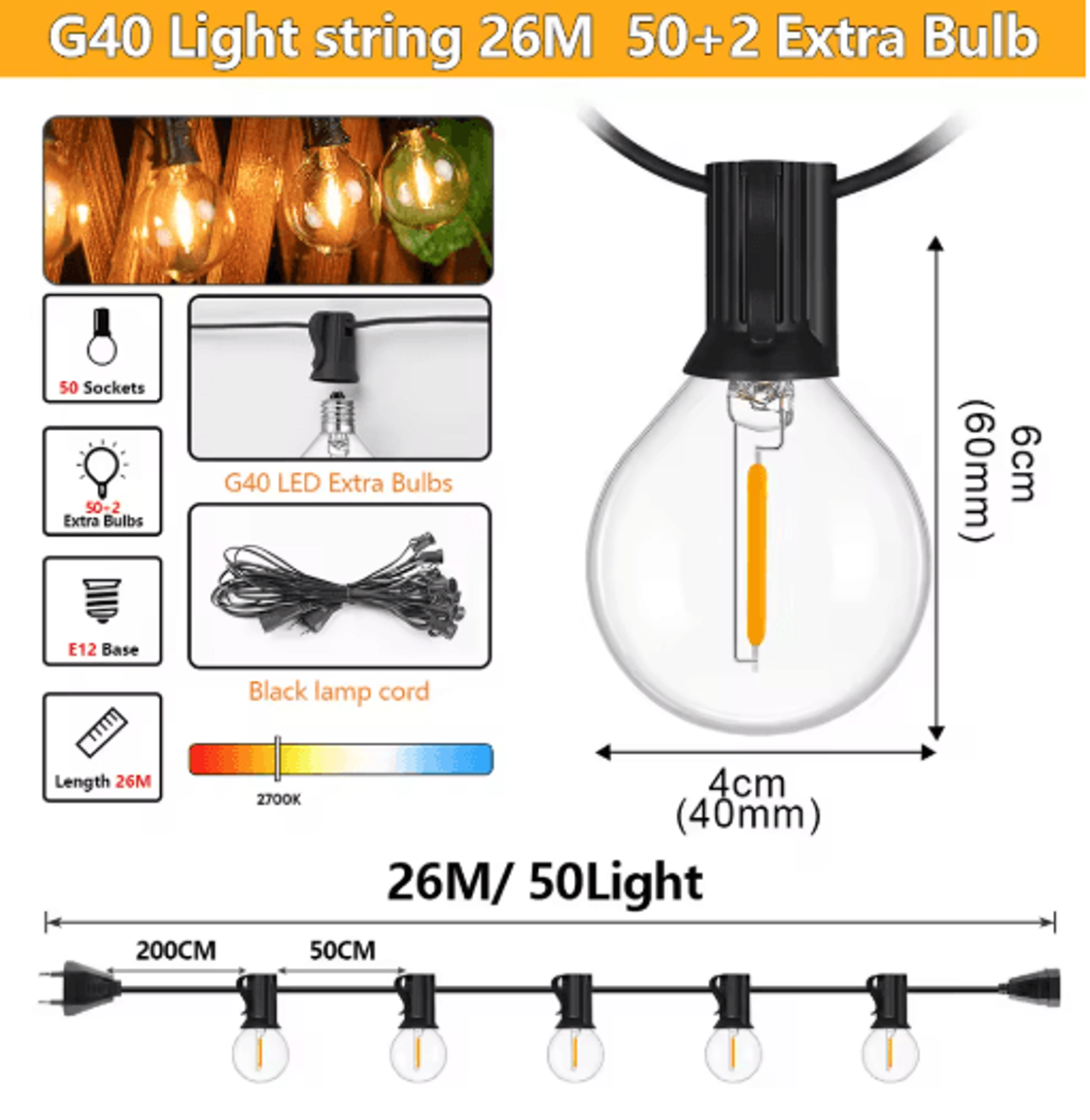 G40 Outdoor String Lights  Waterproof Shatterproof Festoon Lights With EU Plug 2