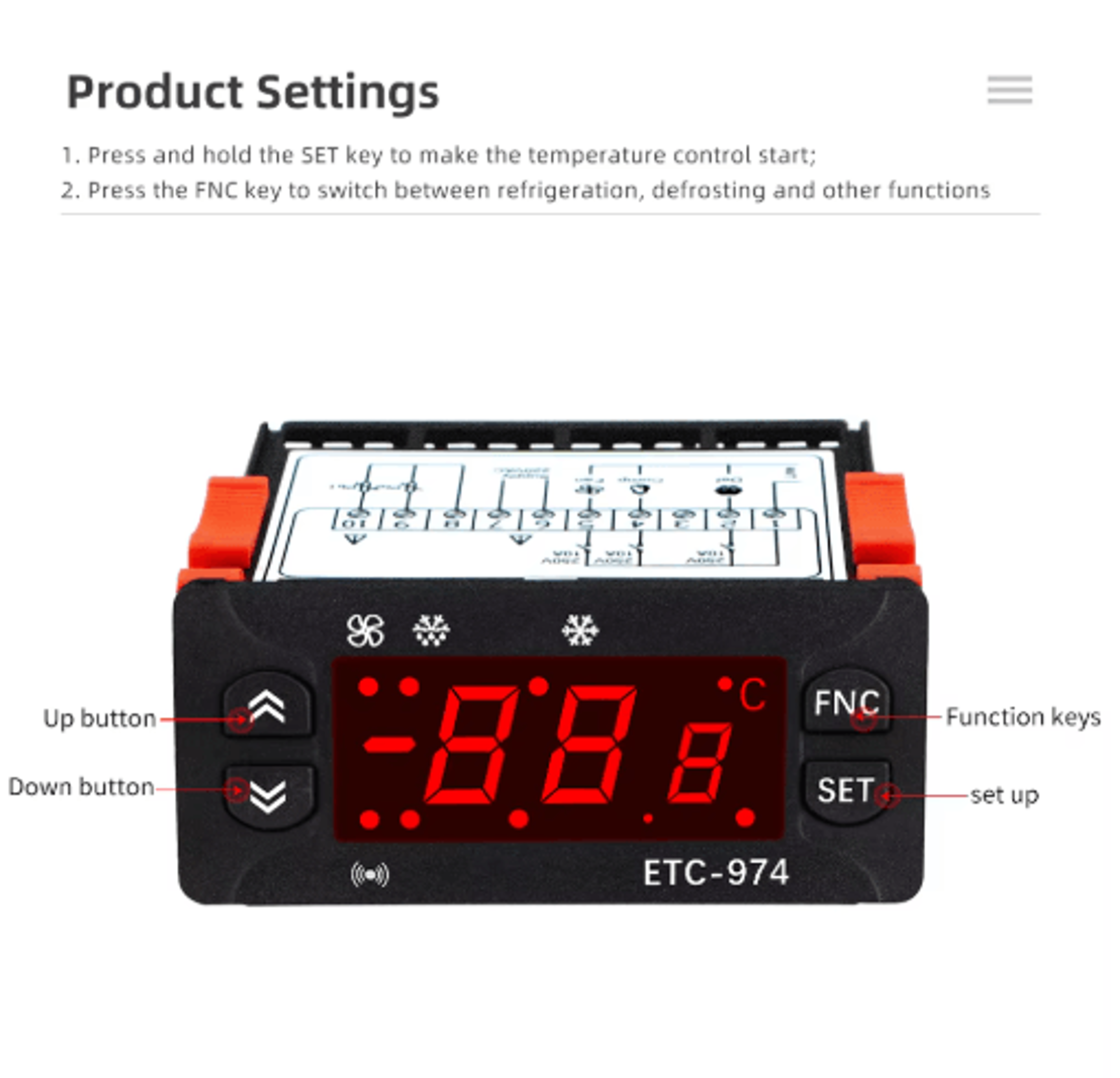 ETC974 220V Temperature Controller  Dual NTC Heating  Defrost Control 5