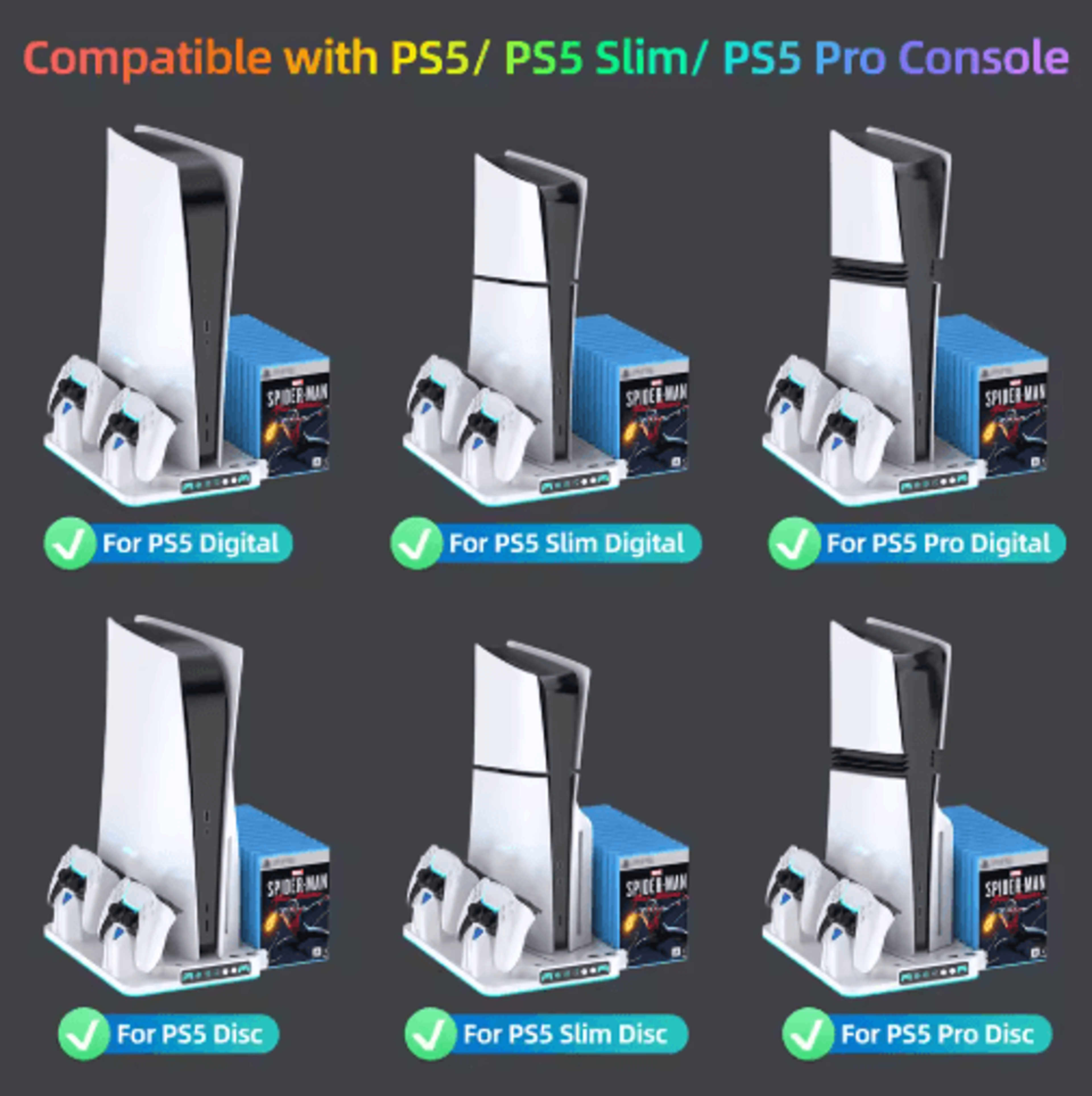 PS5 Cooling  Charging Stand  Dual Controller Dock With RGB  Game Storage 4