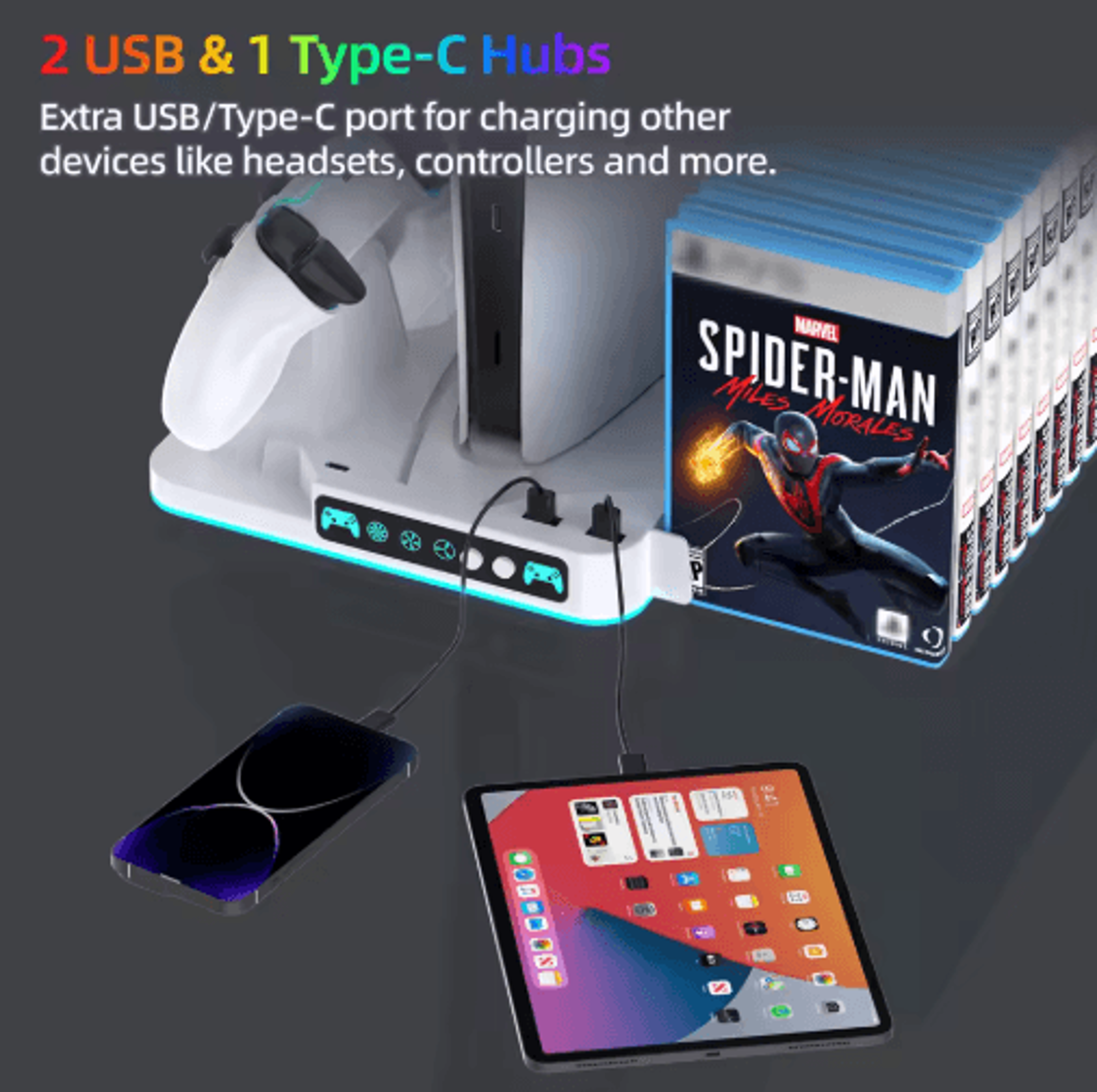 PS5 Cooling  Charging Stand  Dual Controller Dock With RGB  Game Storage 5