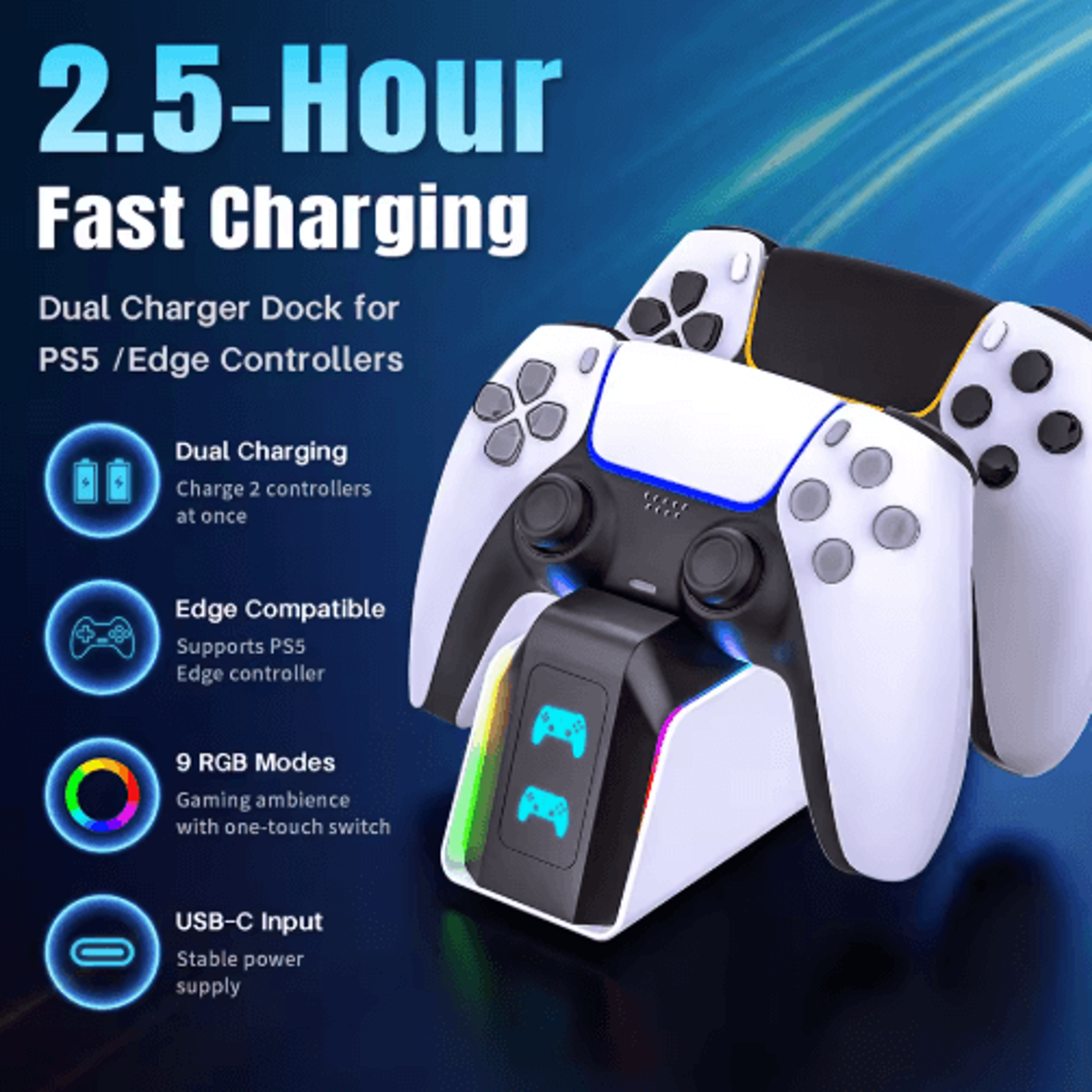 Dual PS5 Controller Charging Dock  2Hour Charger For DualSense  Edge 5