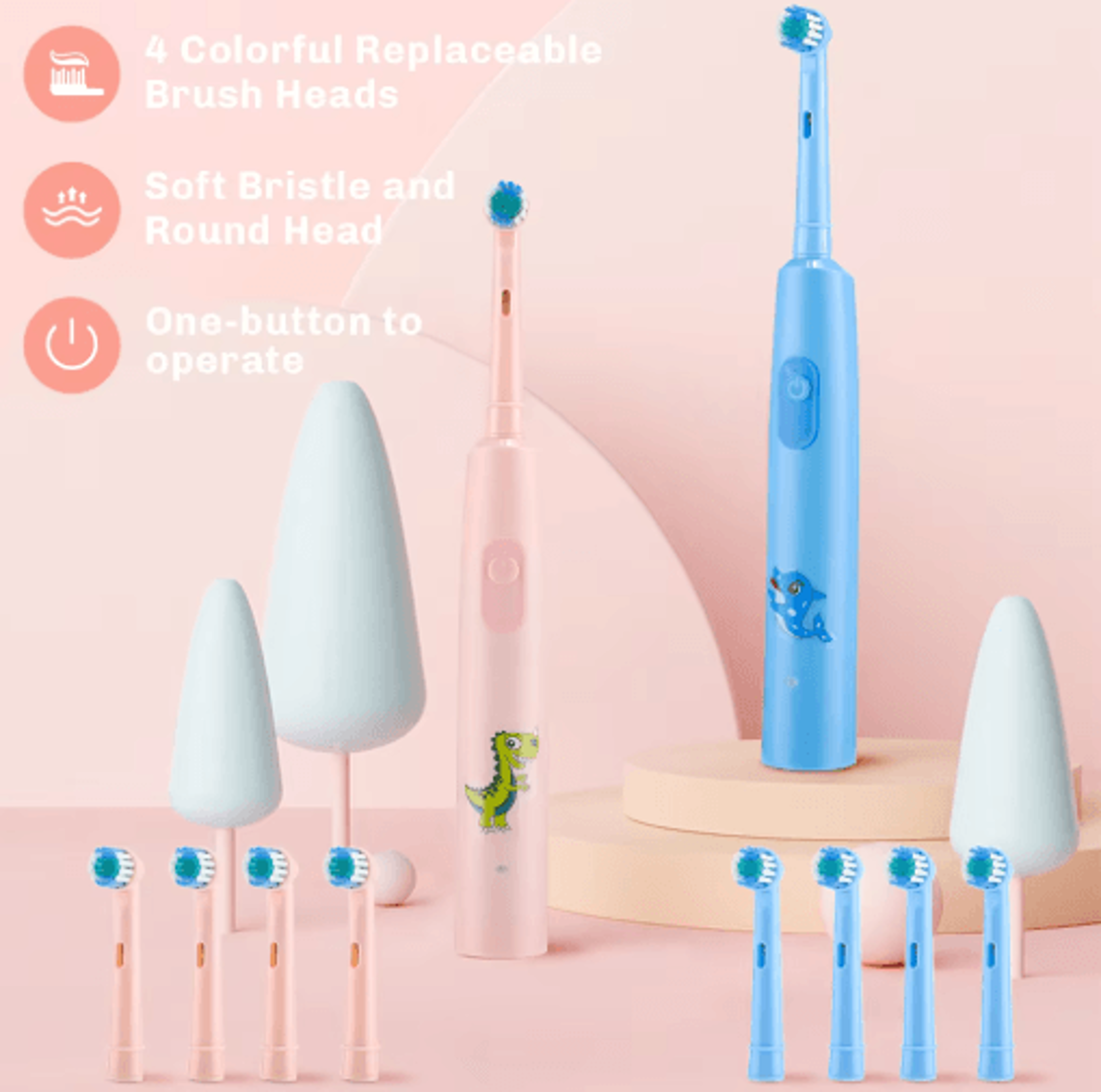Kids Sonic Electric Toothbrush  3 Cleaning Modes  4 Replacement Heads 5
