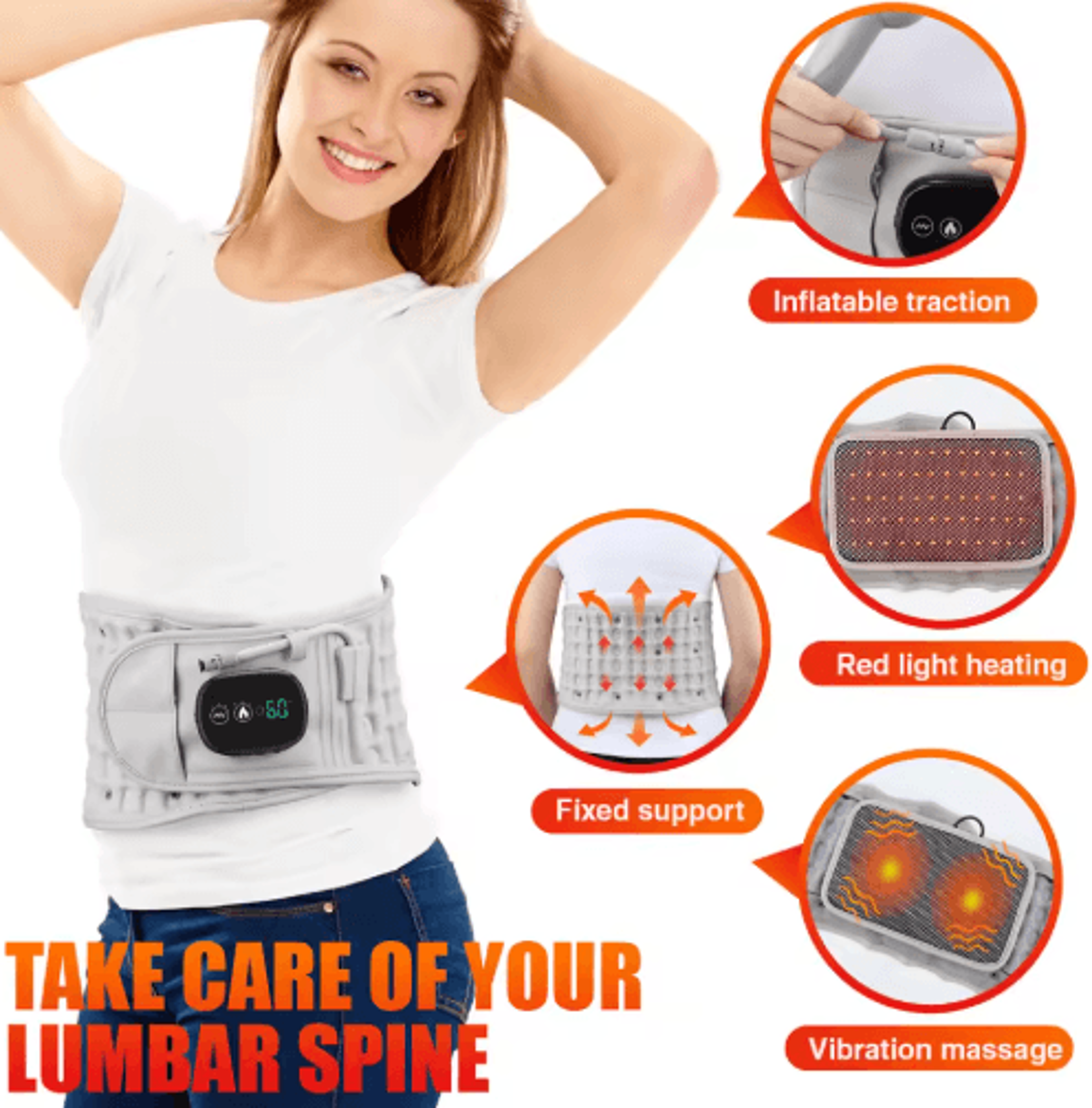 Rechargeable Heated Lumbar Massager  Inflatable Back Support With Vibration  Red Light 6