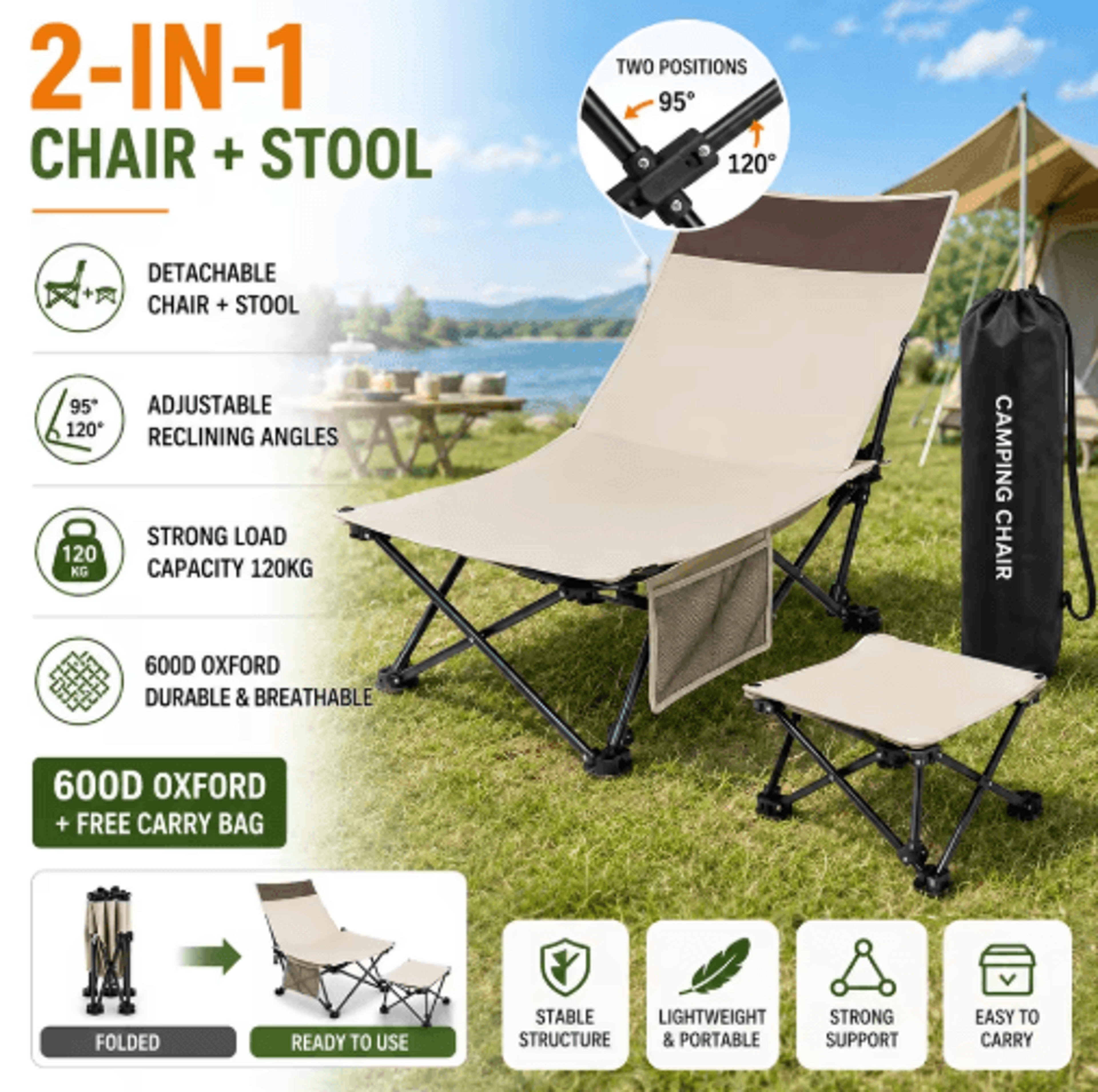 Portable Folding Camping Lounge Chair With Adjustable Backrest 0