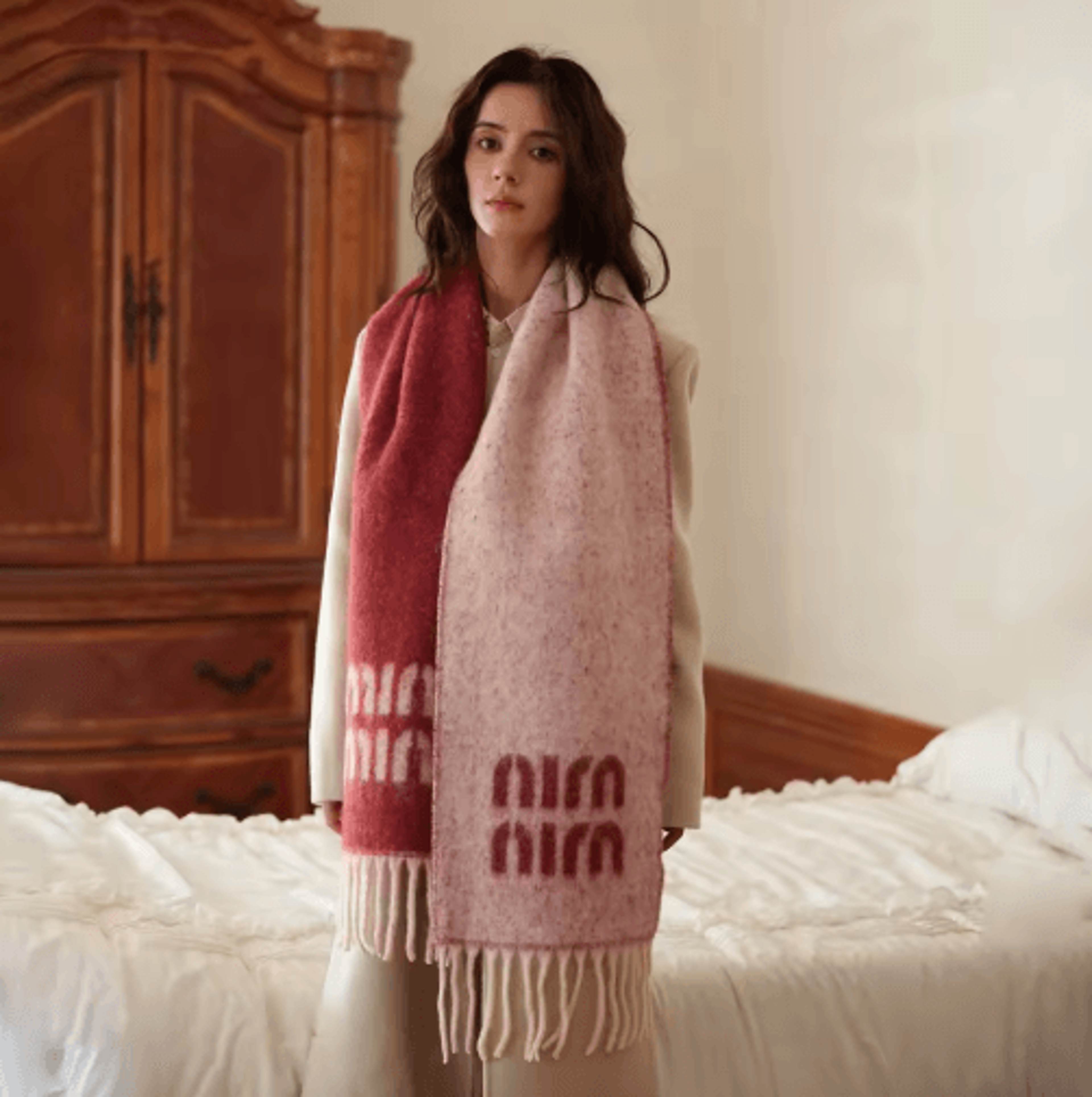 TwoTone Wool Blend Scarf  Thick Jacquard Knit Winter Shawl 0