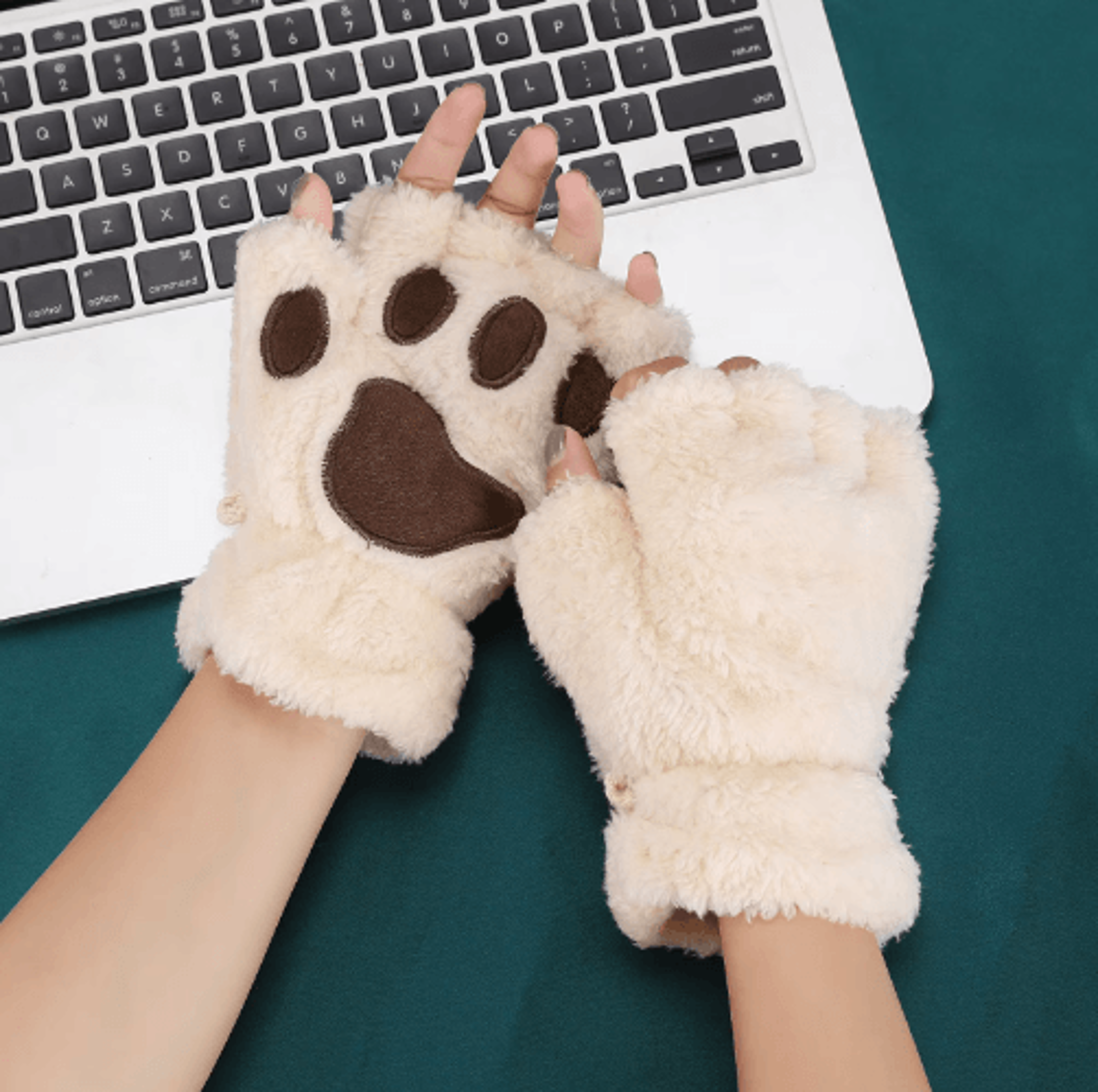 Cute Plush Cat Paw Gloves  Soft Fingerless Winter Mittens 10