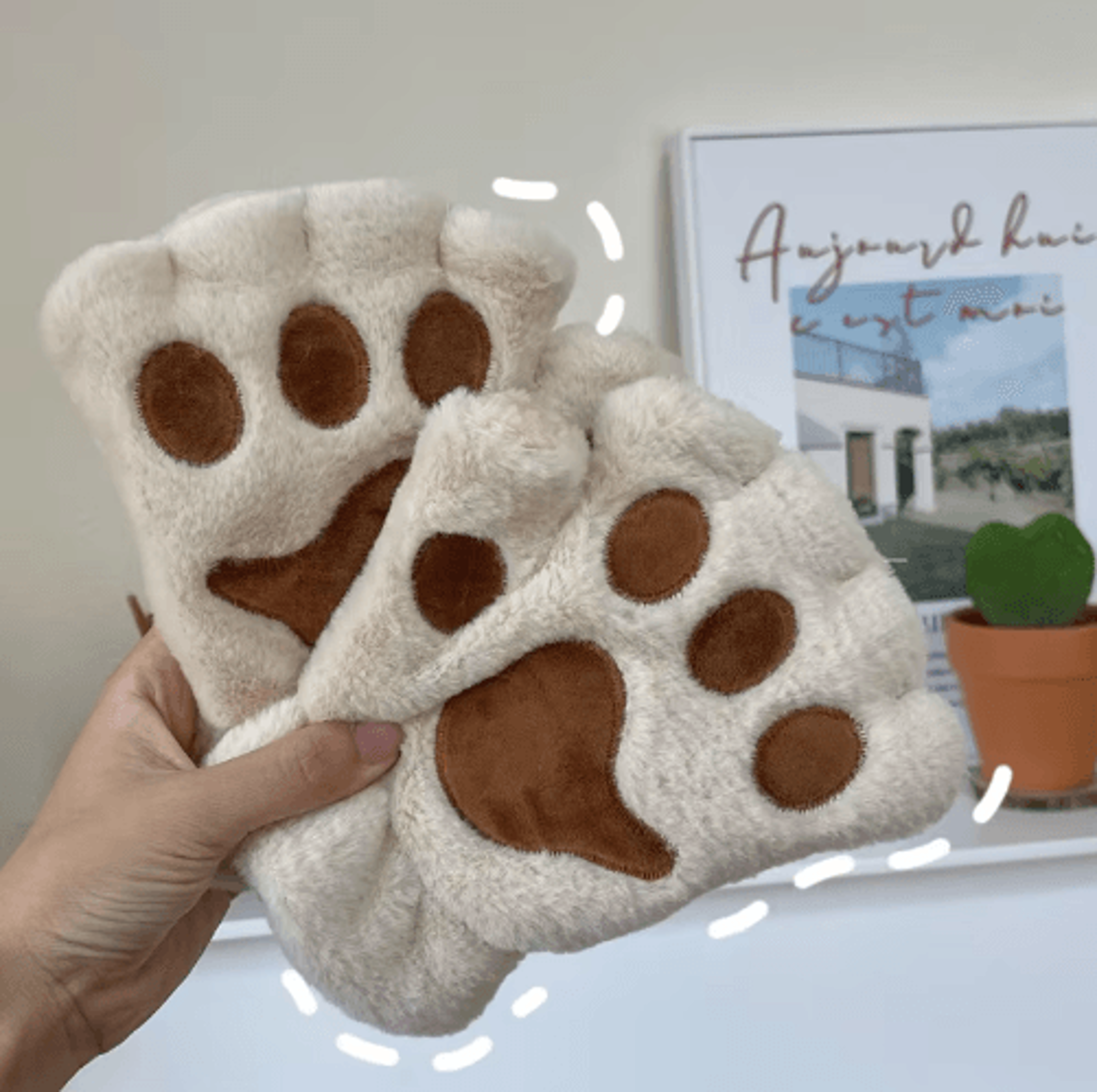 Cute Plush Cat Paw Gloves  Soft Fingerless Winter Mittens 12
