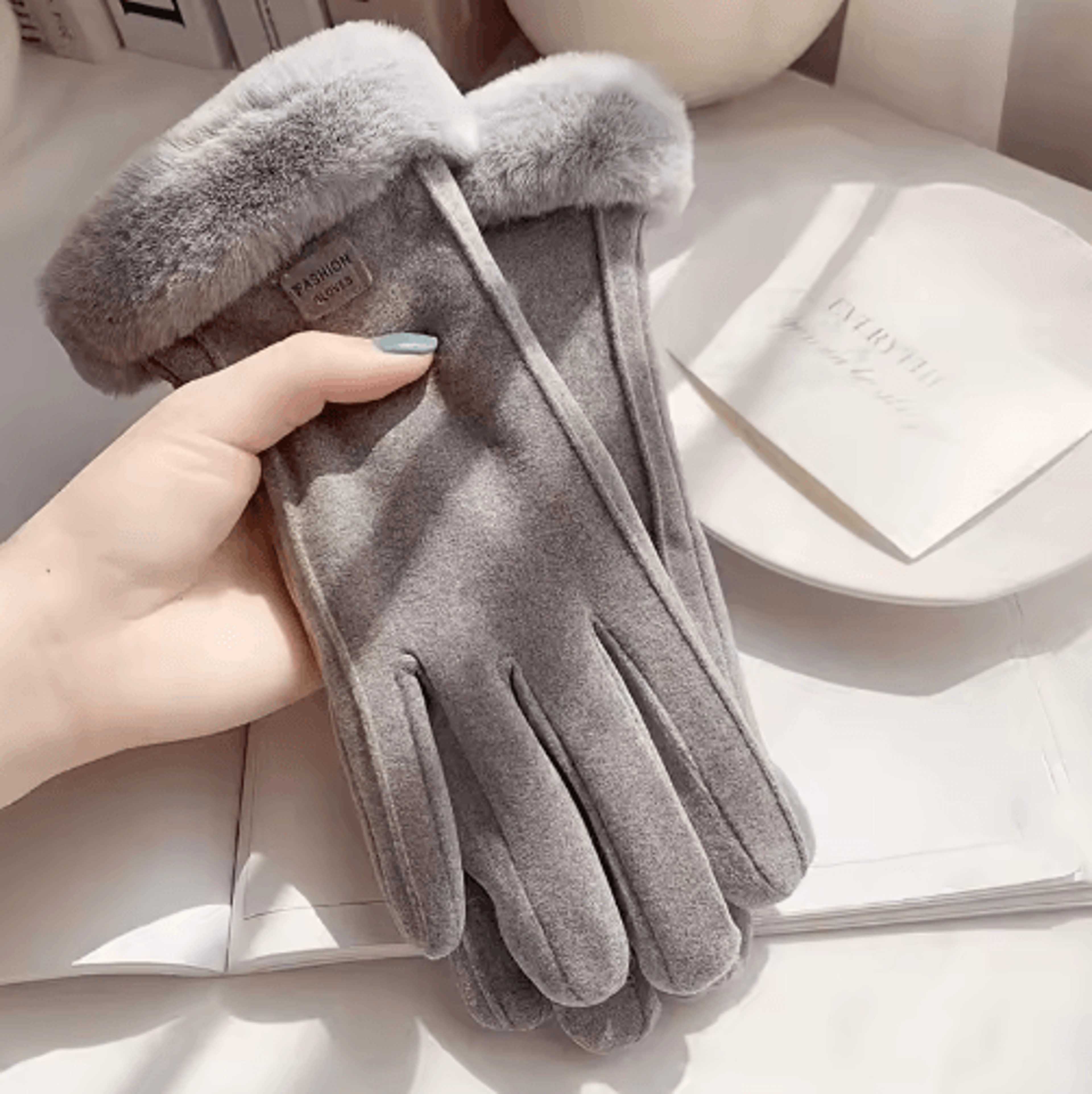 Beige PlushLined Touchscreen Gloves  Thick Warm Winter Gloves 2