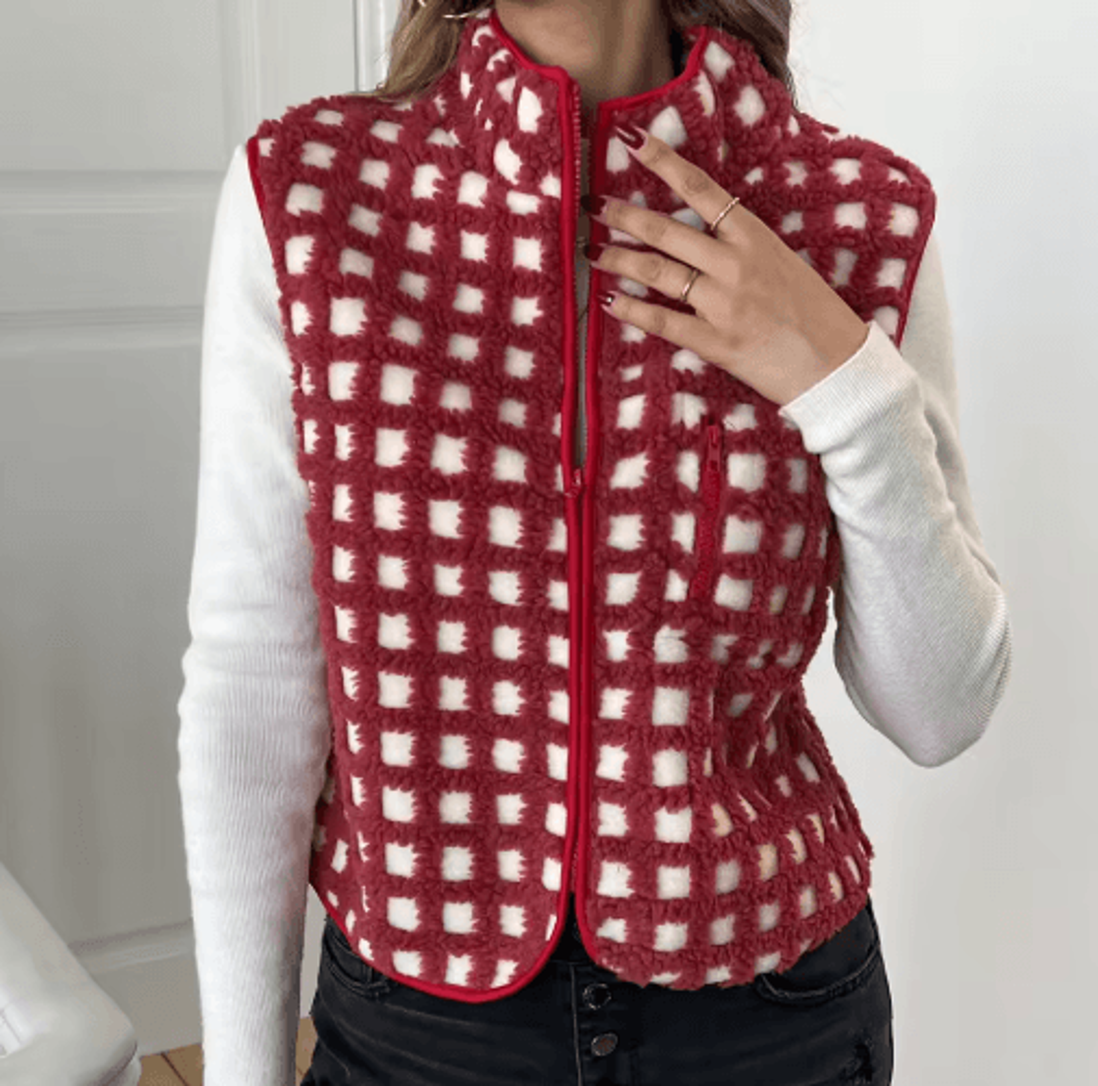 Womens Fuzzy Checkered Vest  Warm ZipUp Sleeveless Jacket 6