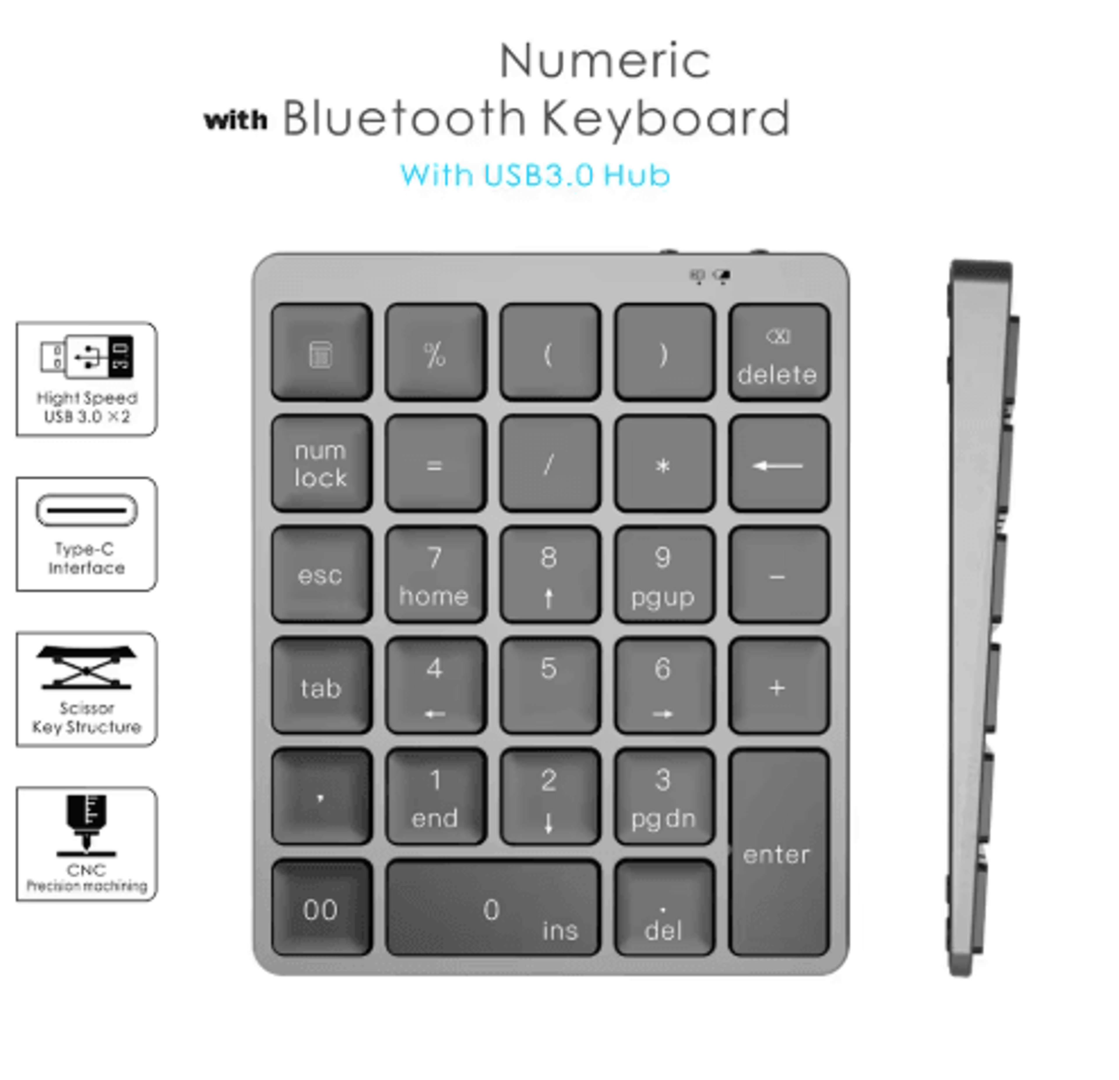 28Key Bluetooth Numeric Keypad  Aluminum Alloy Wireless Keyboard With USB Hub 5