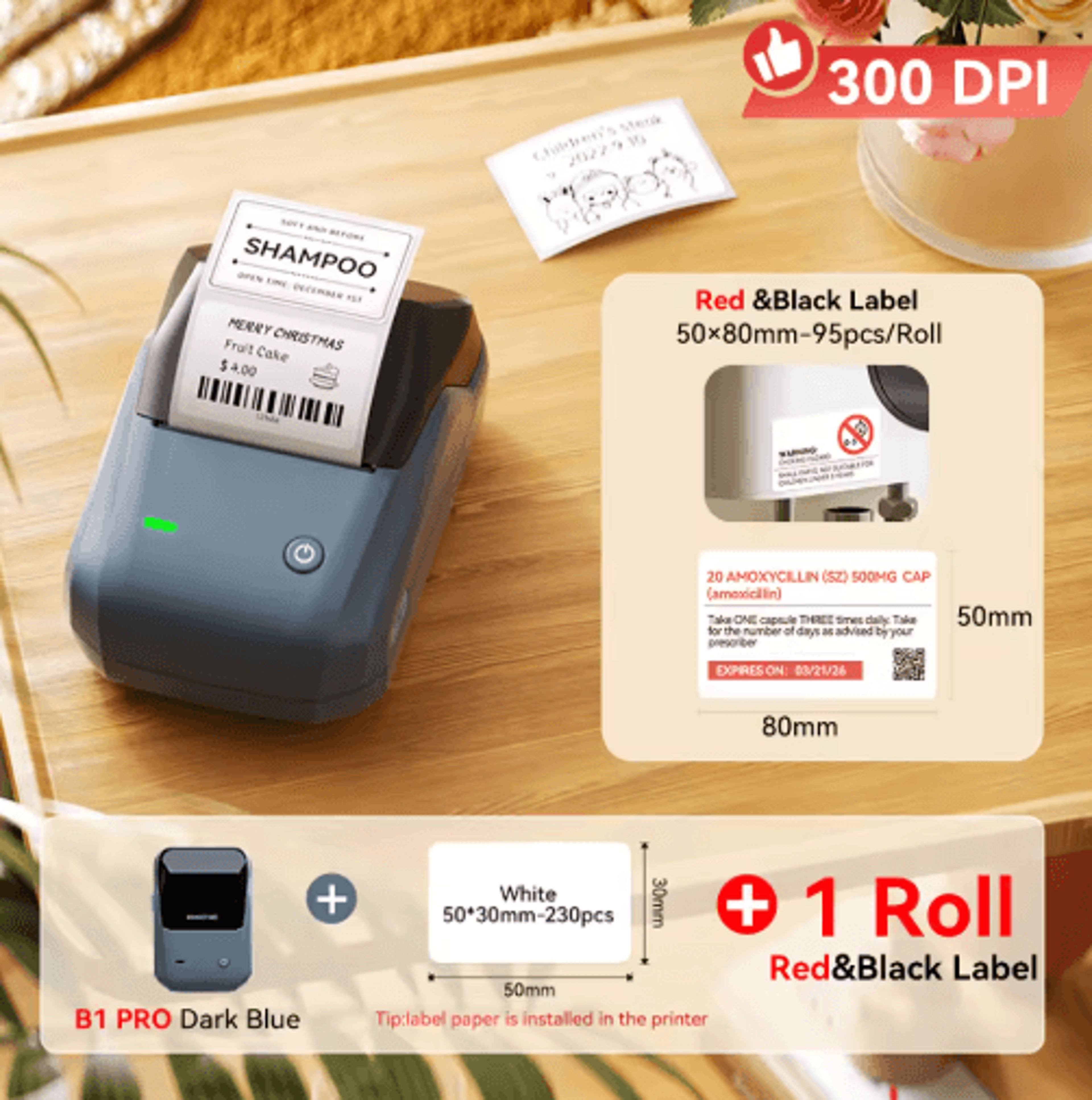 300 DPI Wireless Label Printer  Red And Black DualColor Sticker Maker 6